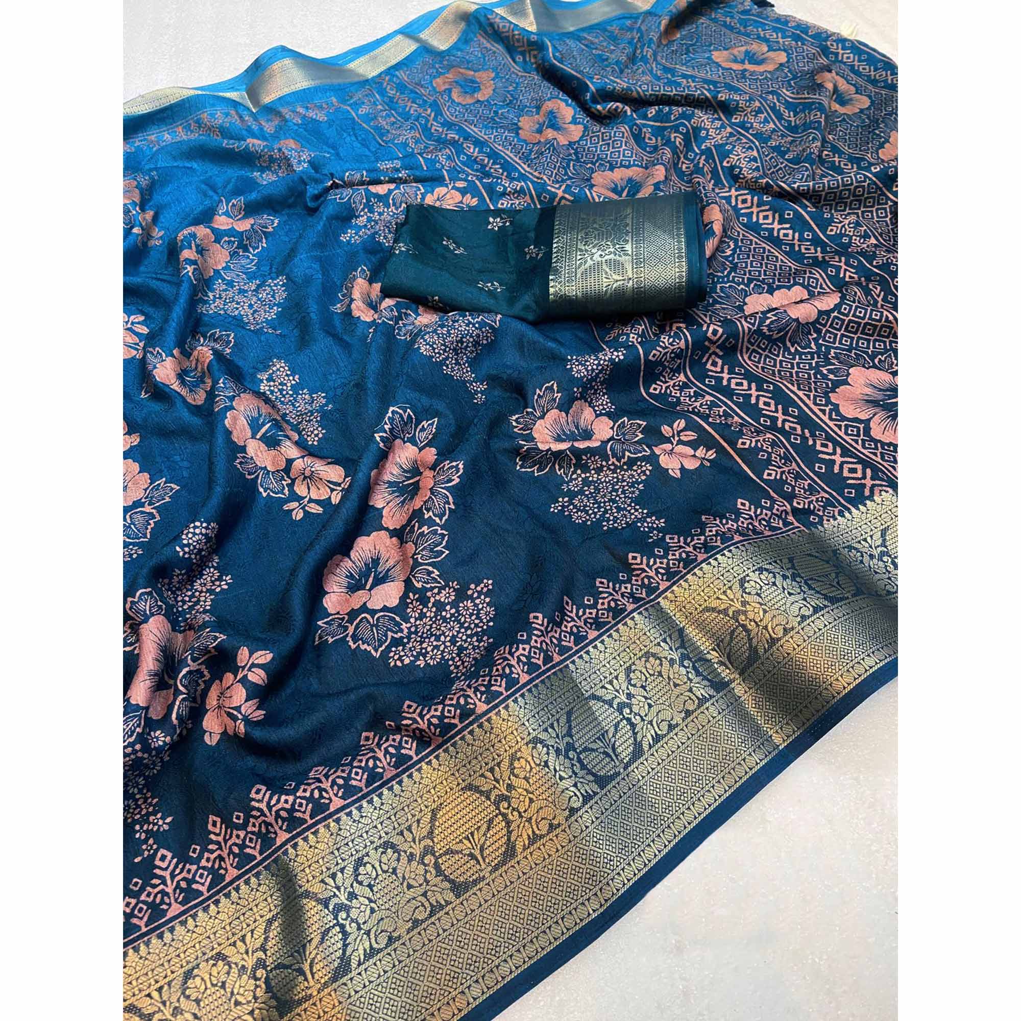 Blue Floral Printed Moss Art Silk Saree With Woven Border