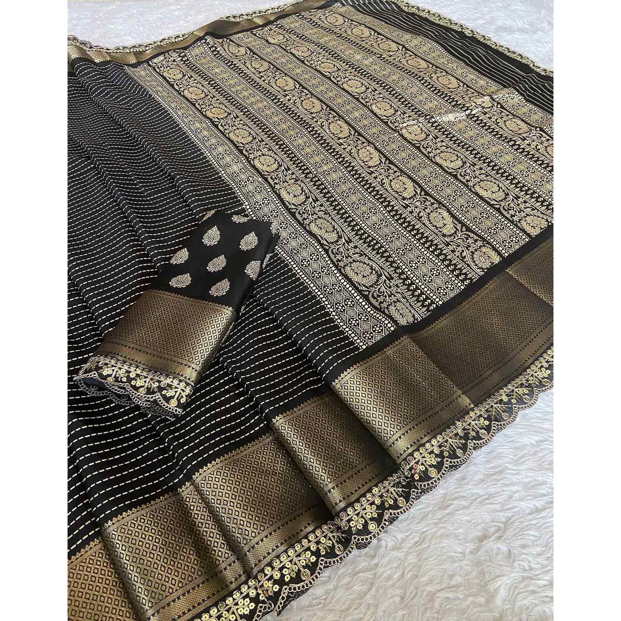 Black & Gold Floral Printed Dola Silk Saree With Woven Border