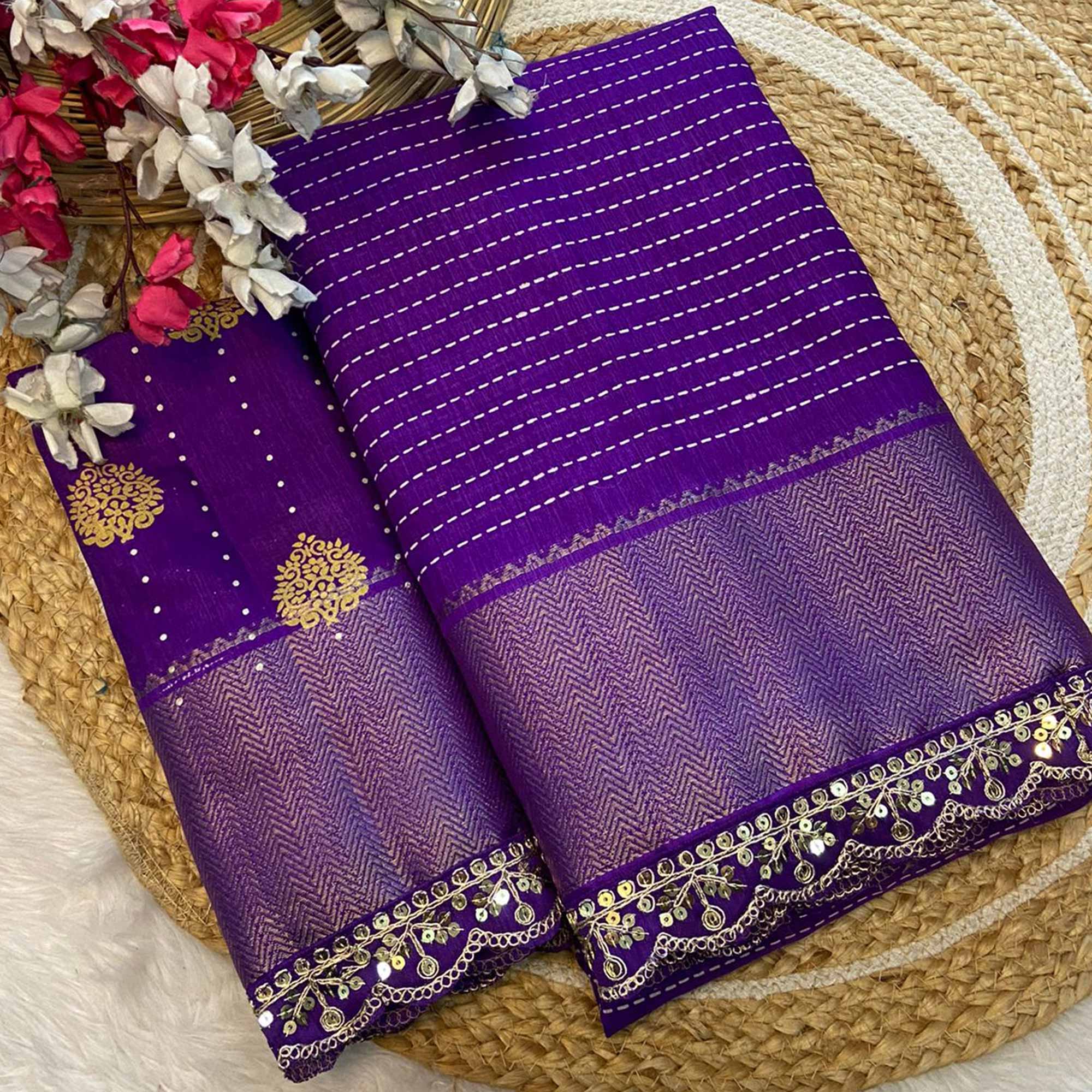 Royal Purple Floral Printed Dola Silk Saree With Woven Border