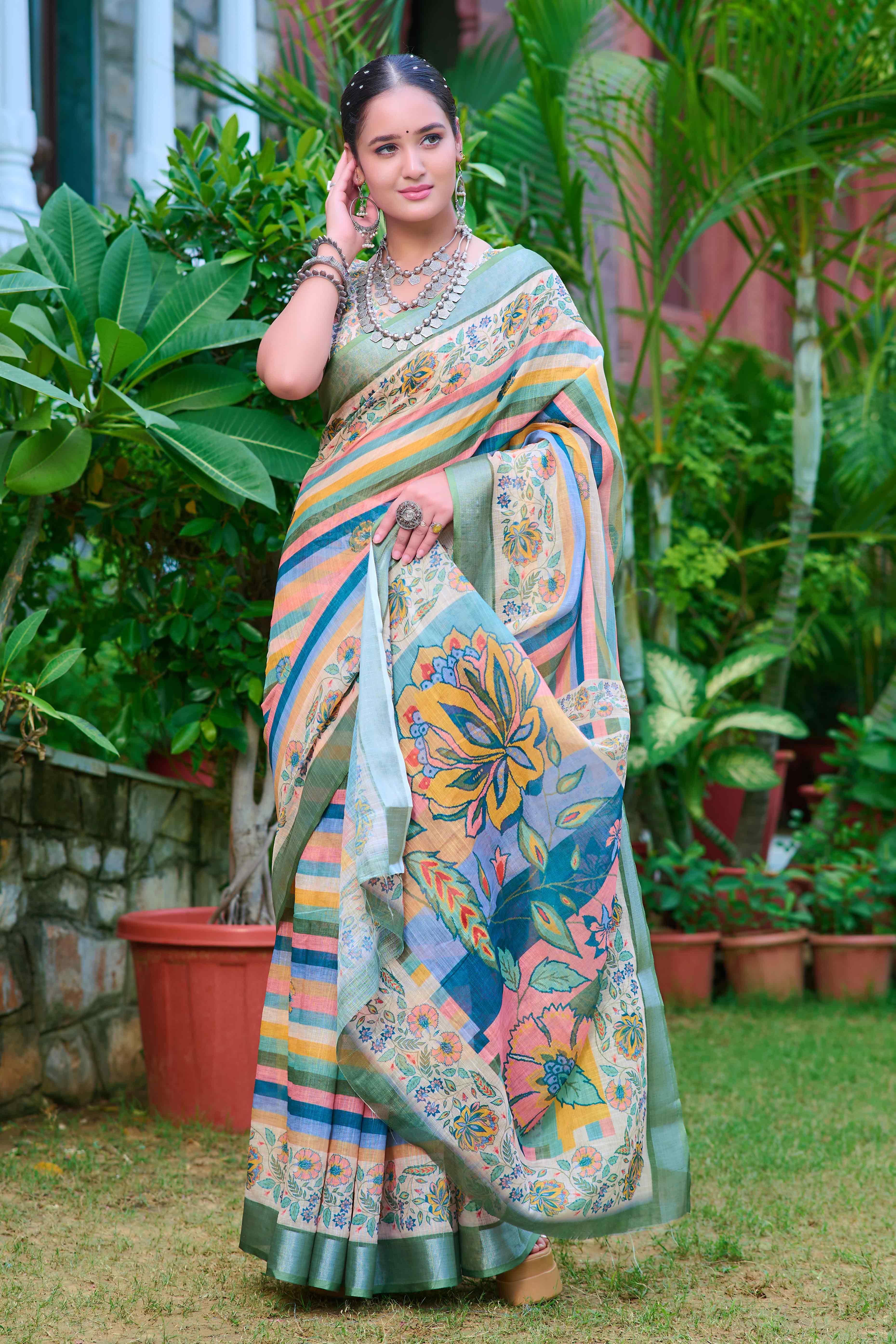 Beige Striped Printed Linen Saree
