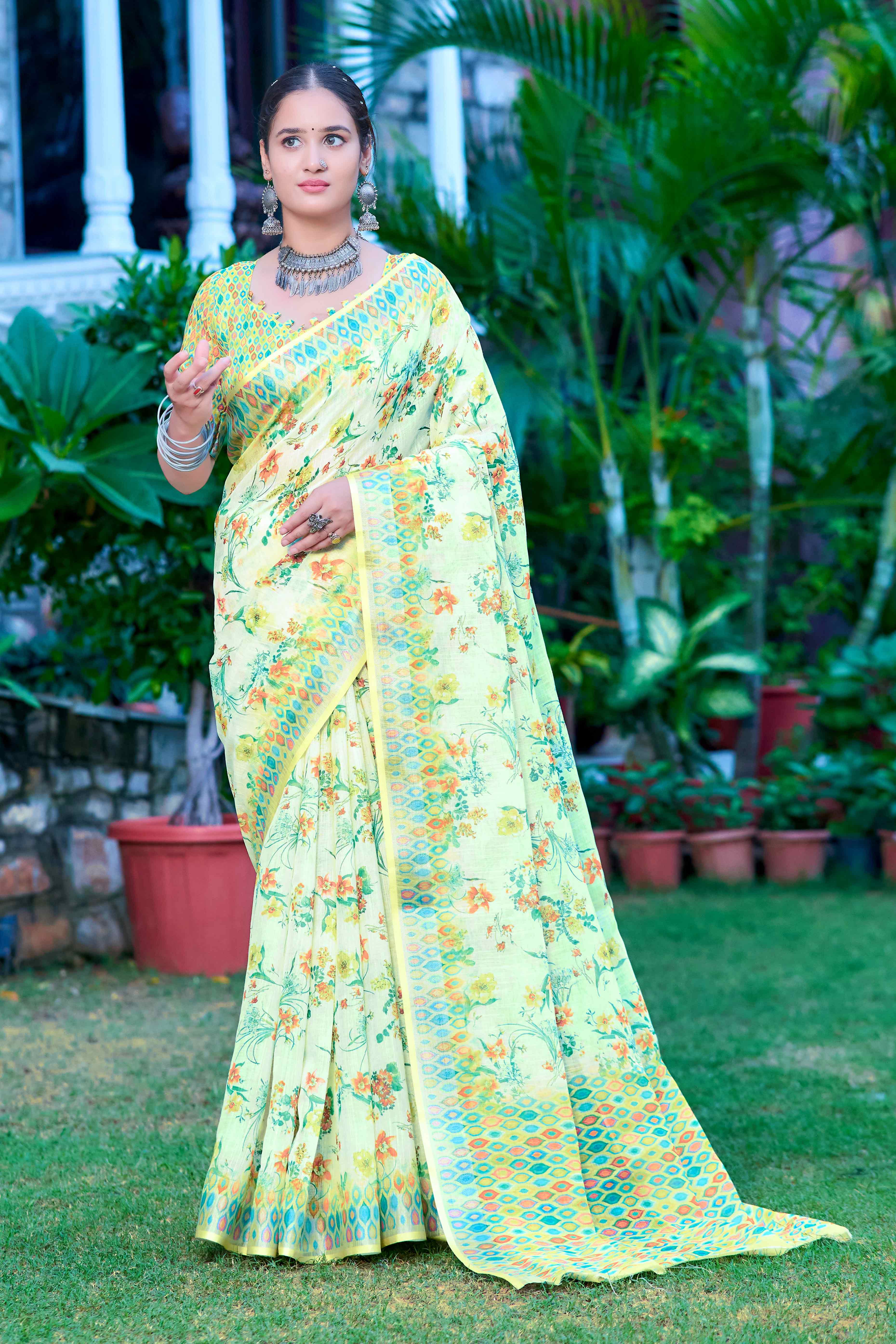 Green Floral Printed Linen Saree