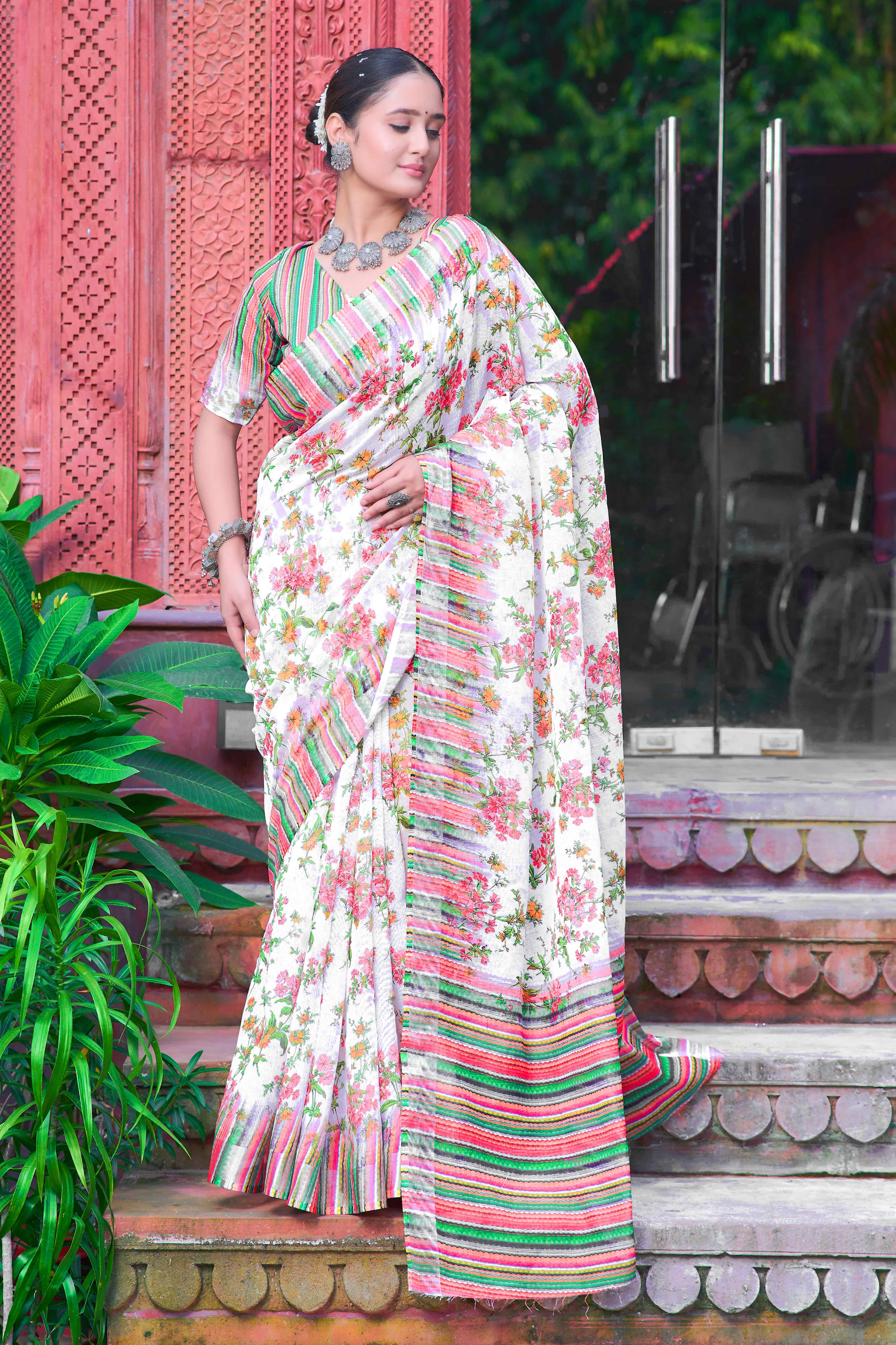 Off White Floral Printed Linen Saree