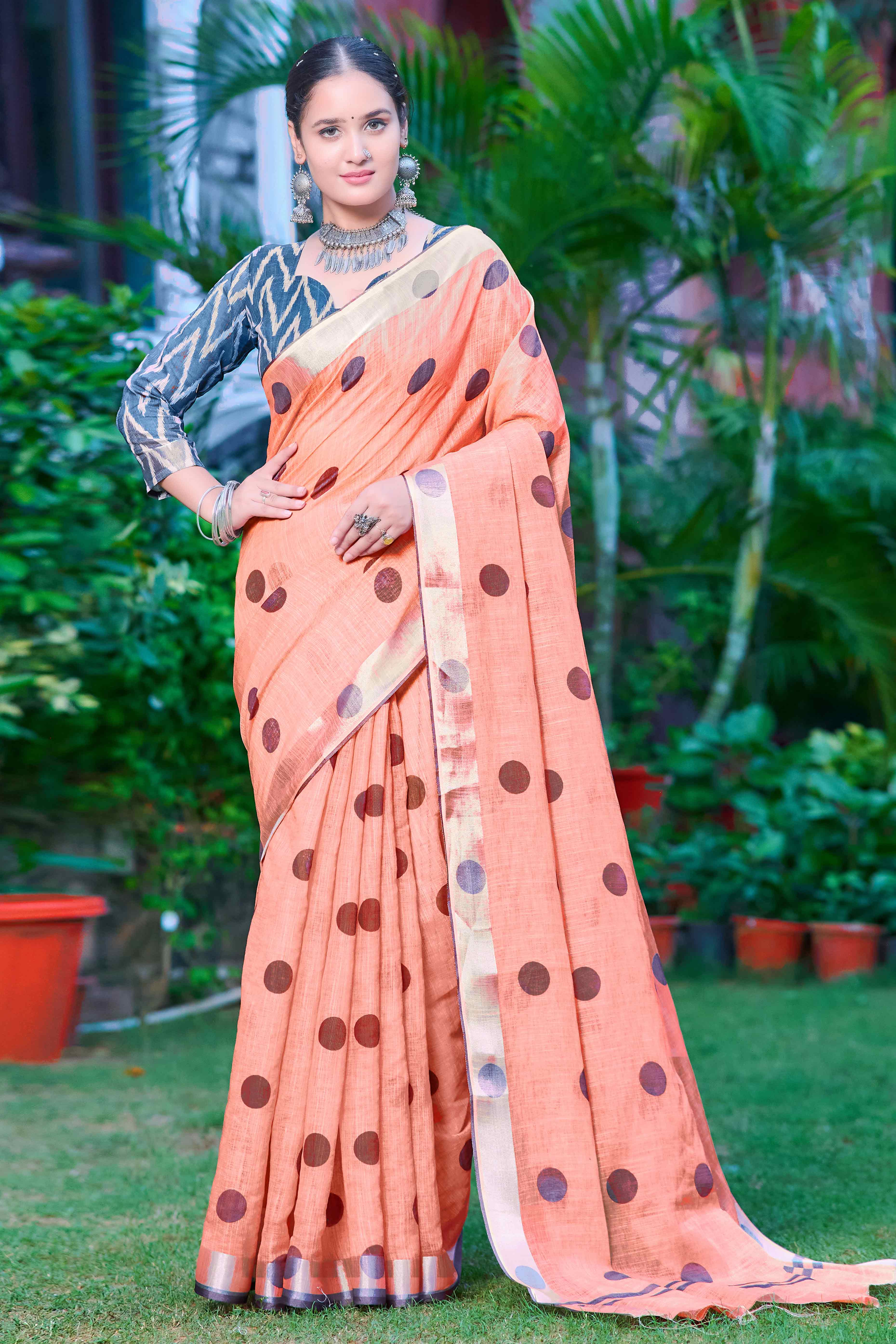 Peach Polka Dot Printed Linen Saree