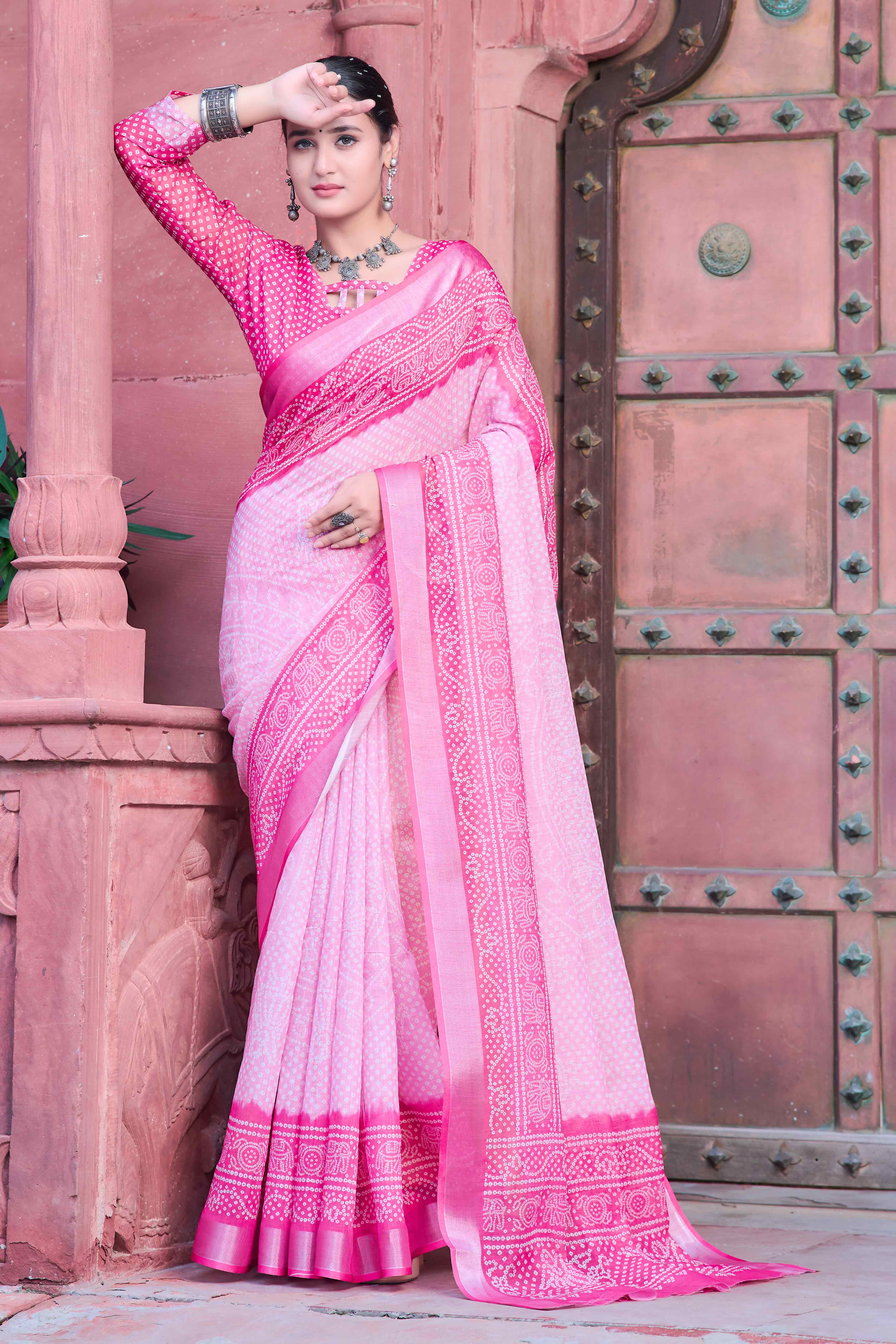 Pink Bandhani Printed Linen Saree
