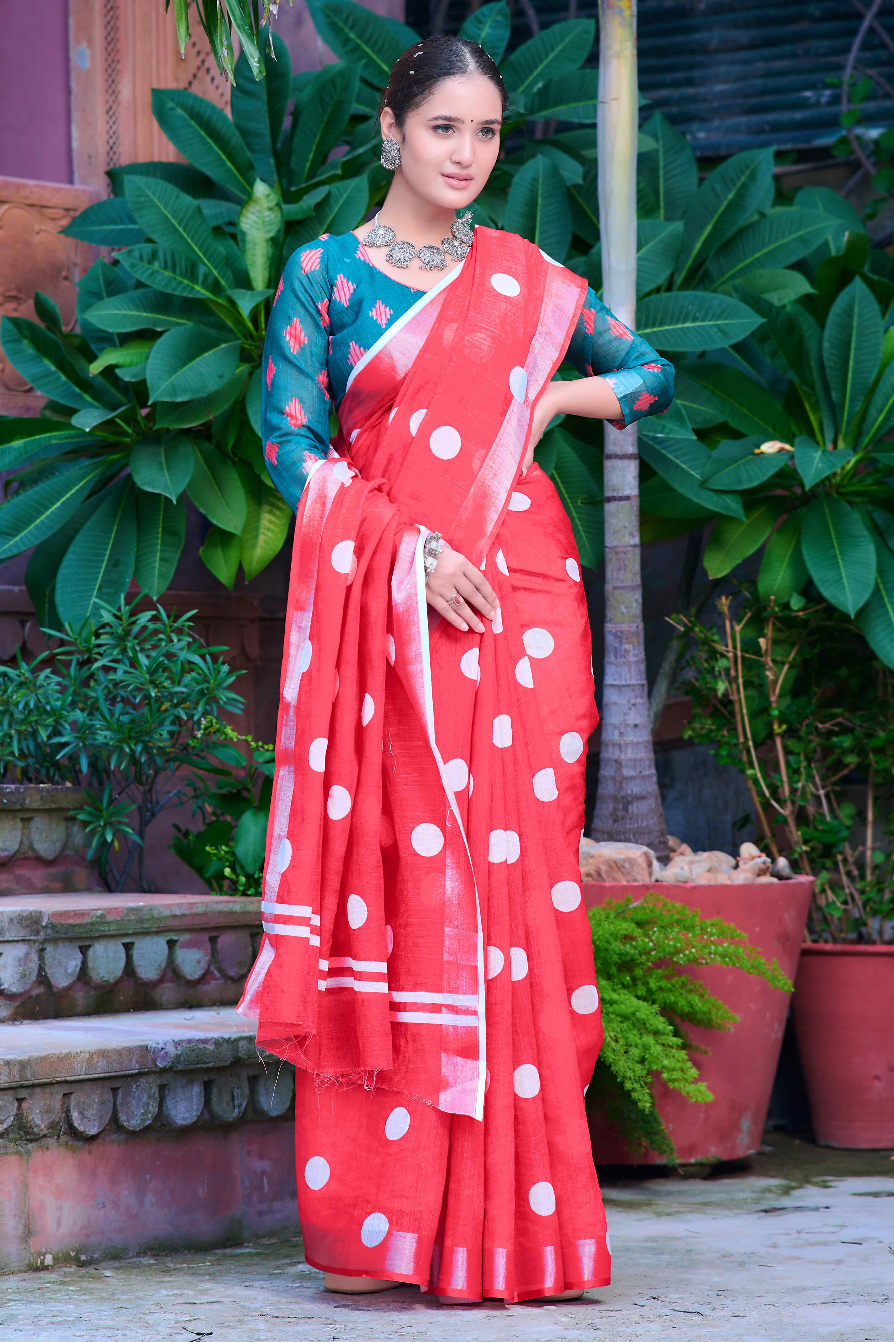 Red Polka Dot Printed Linen Saree