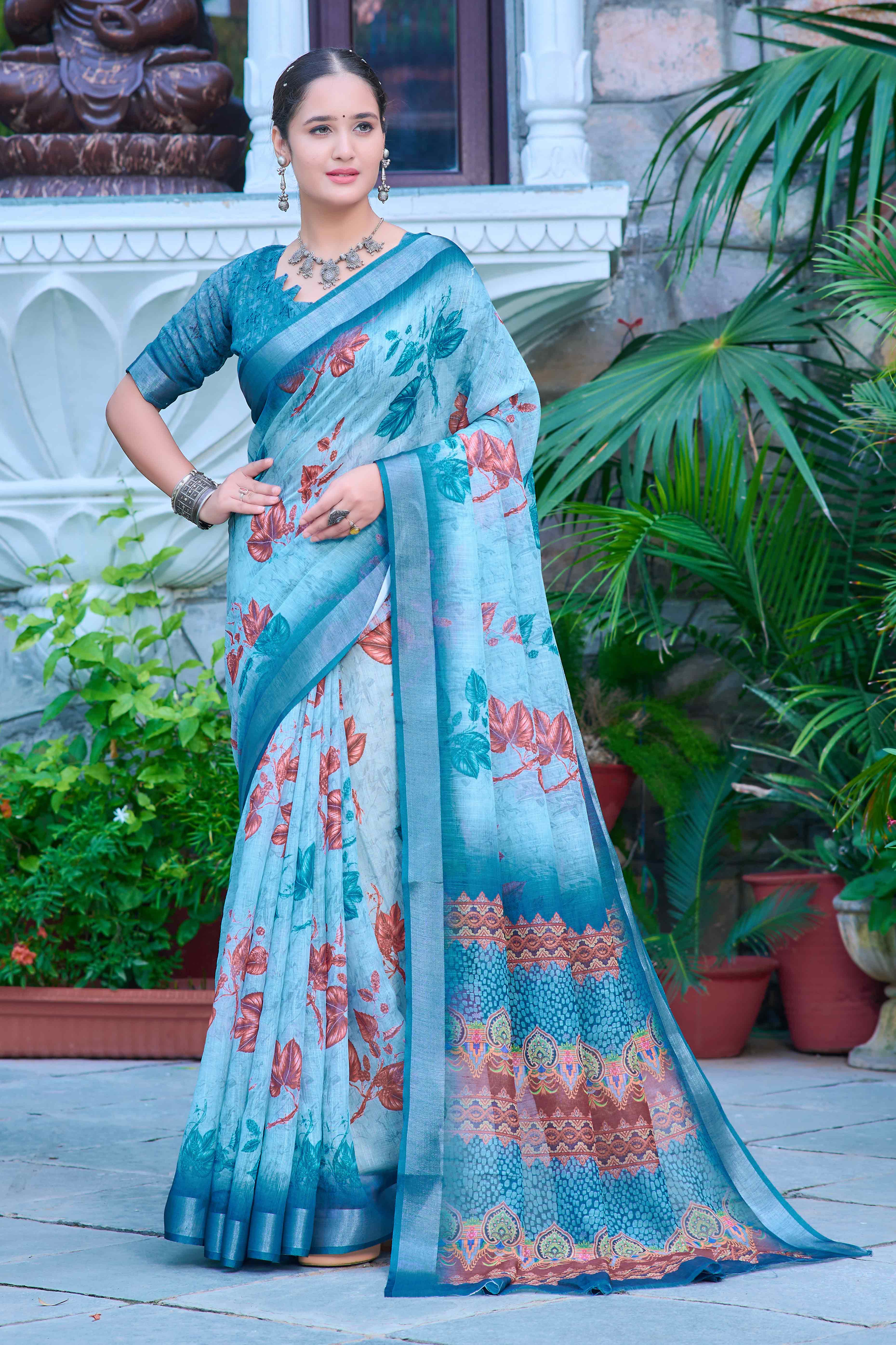 Sky Blue Floral Printed Linen Saree