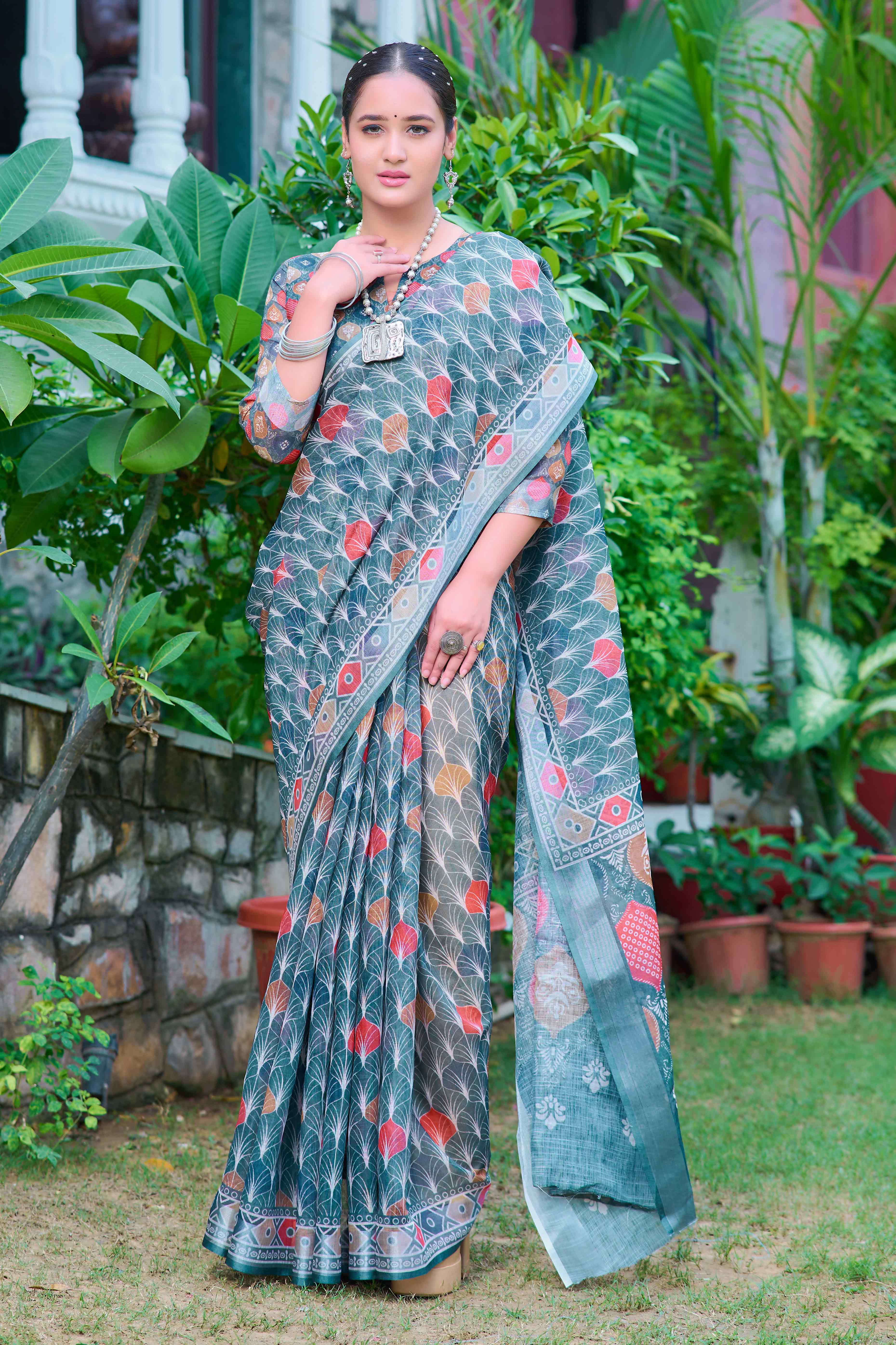 Teal Floral Printed Linen Saree