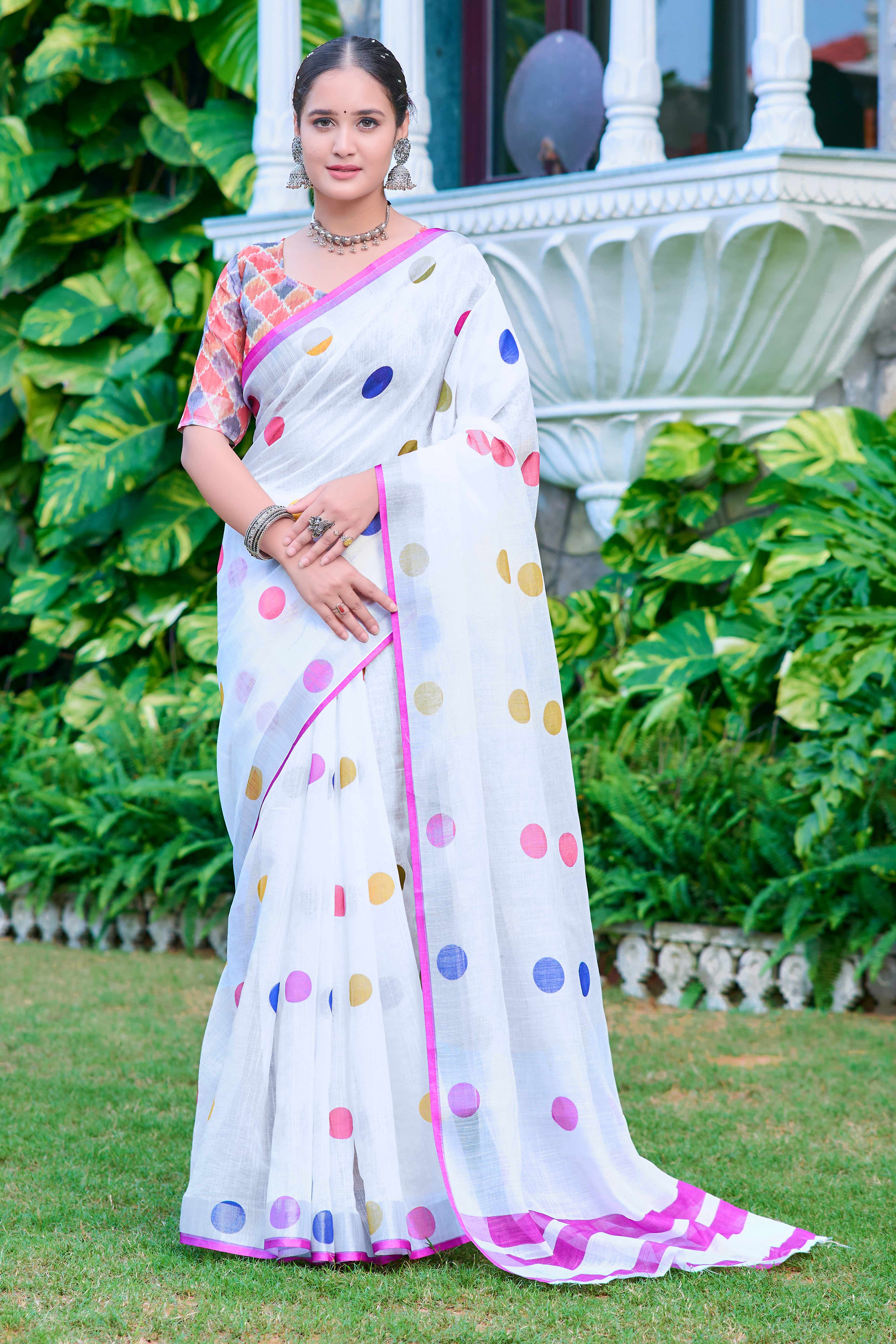 White Polka Dot Printed Linen Saree