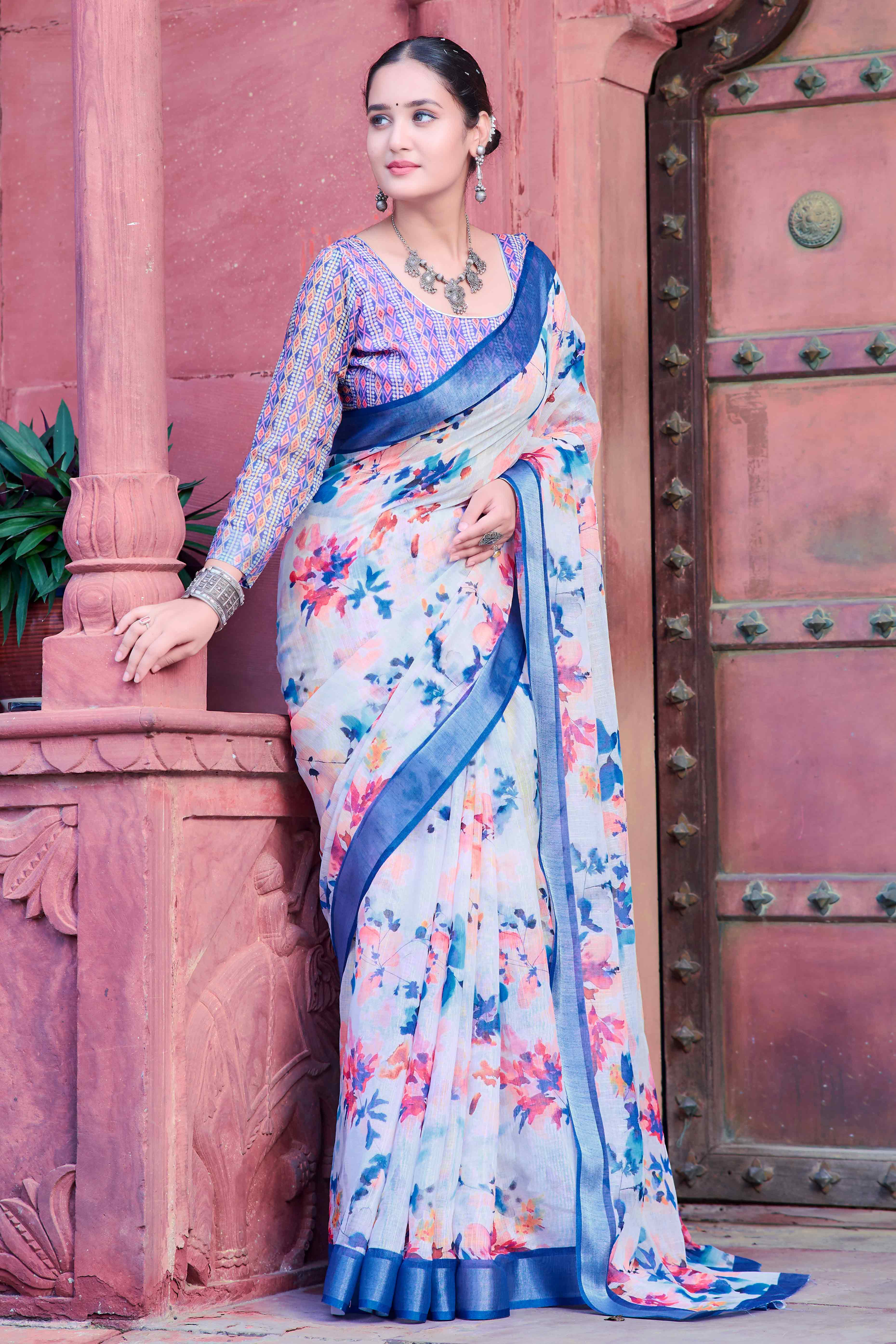 White Floral Printed Linen Saree