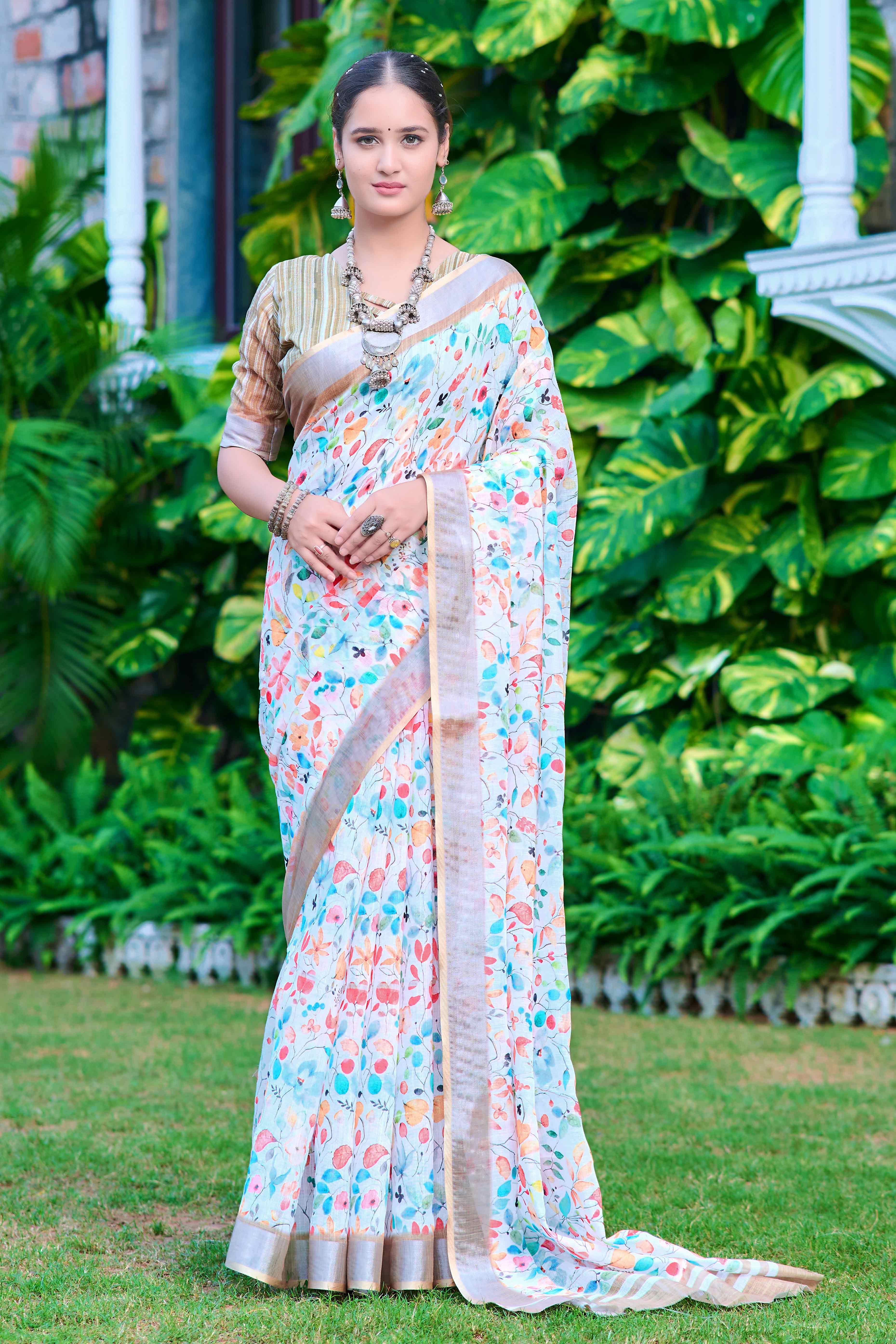 White & Blue Floral Printed Linen Saree
