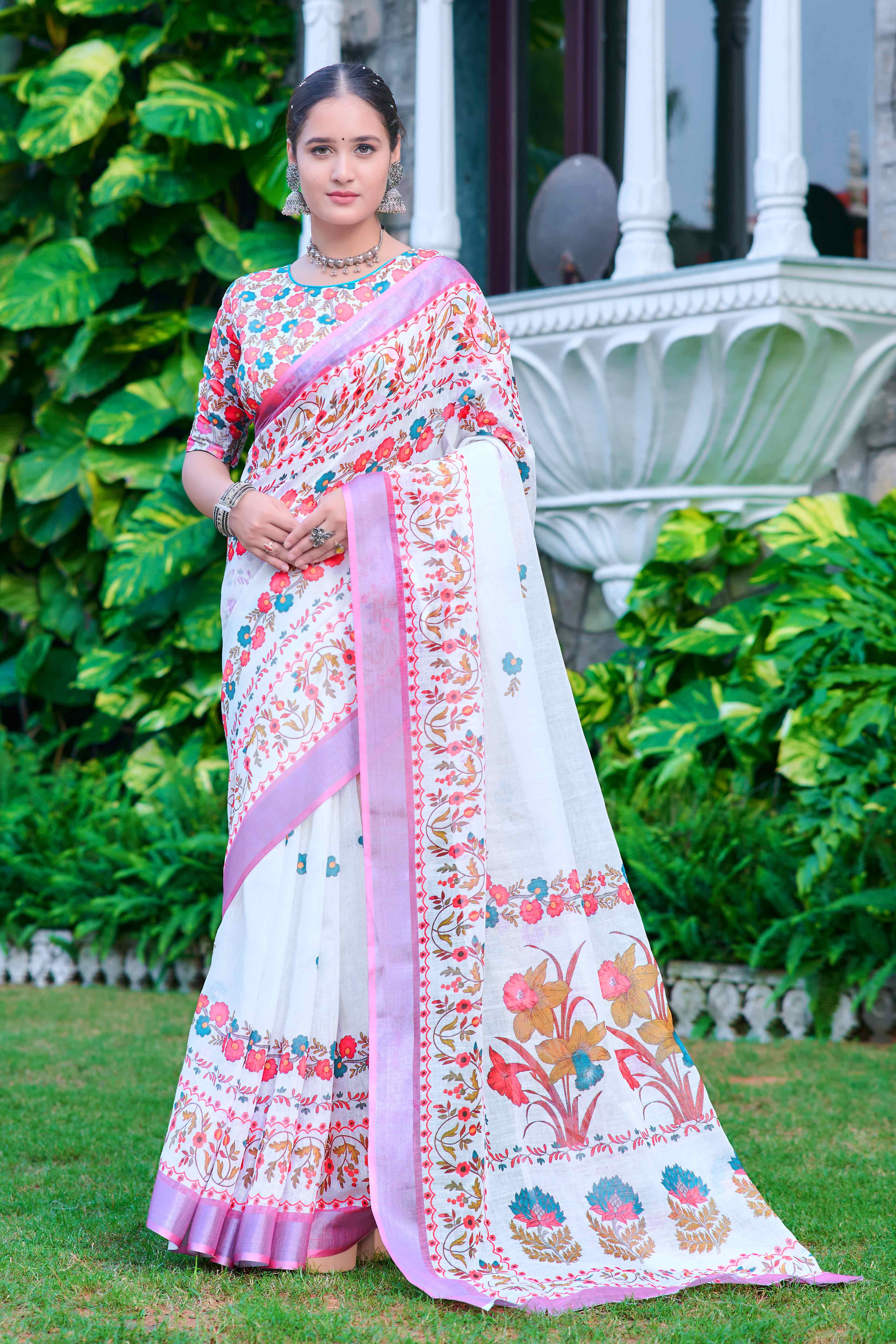 White & Pink Floral Printed Linen Saree