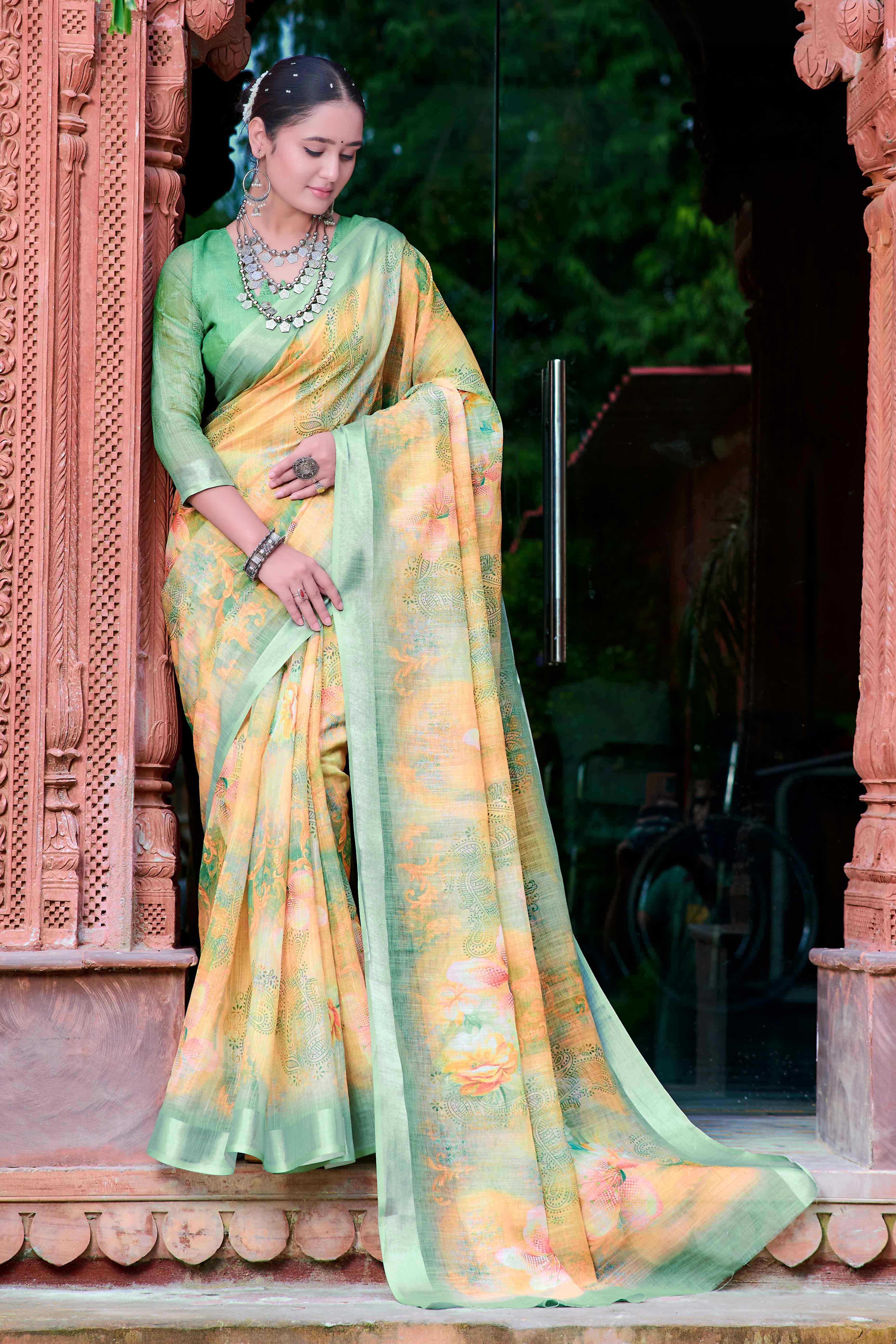 Yellow Floral Printed Linen Saree
