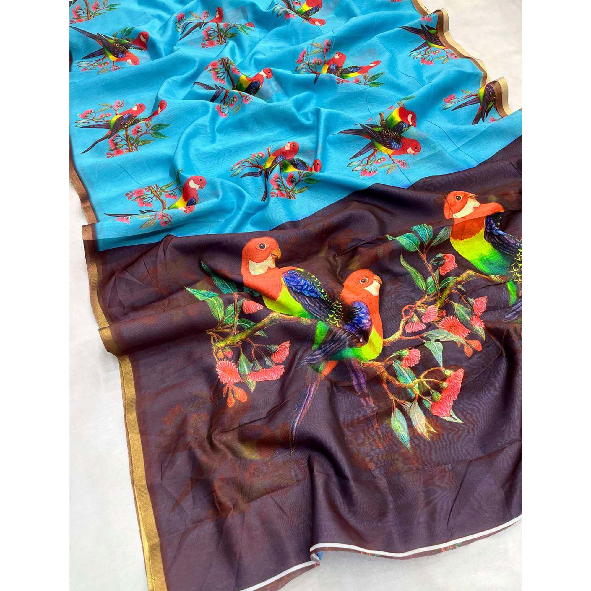 Sky Blue Floral Printed Linen Cotton Saree