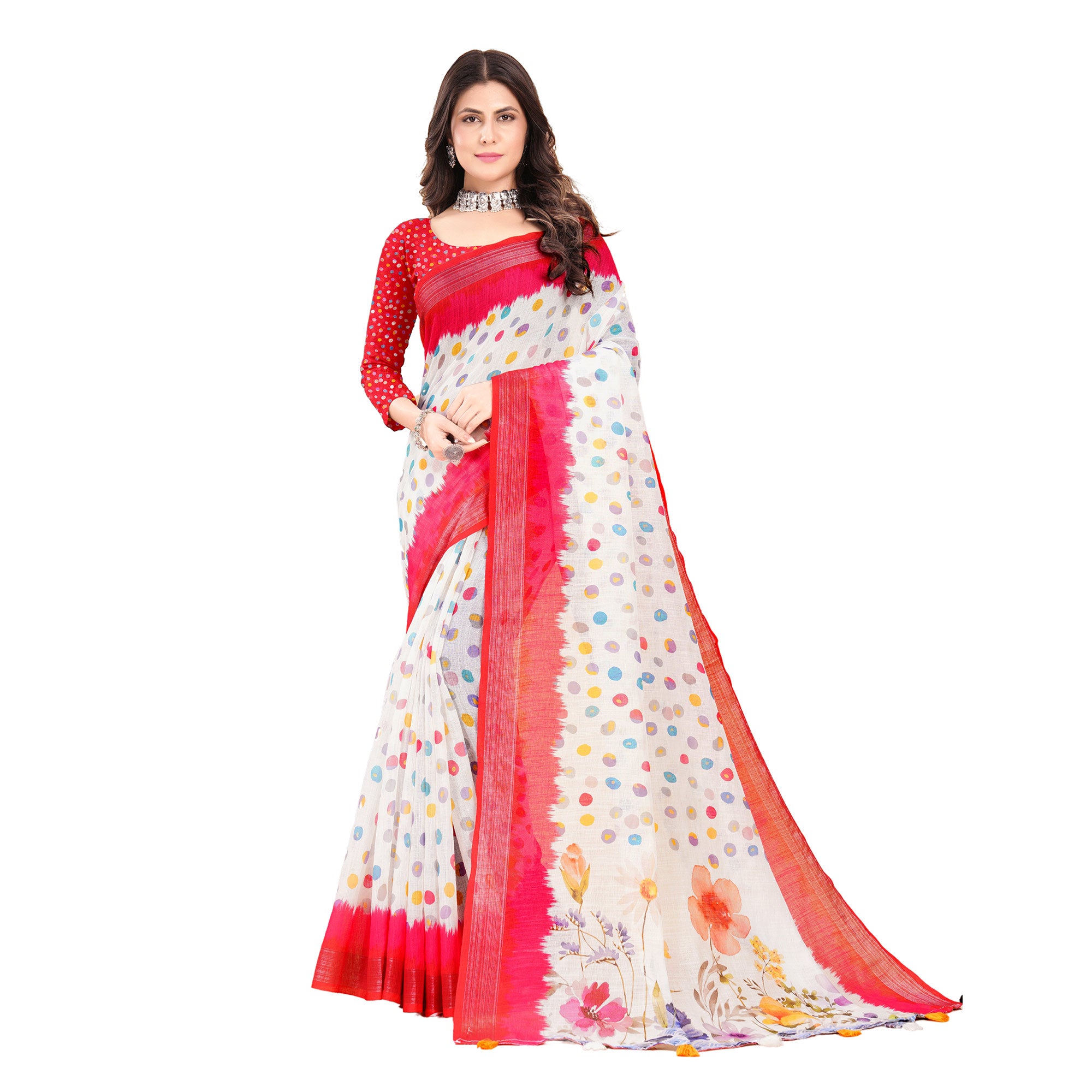 White Printed Linen Saree