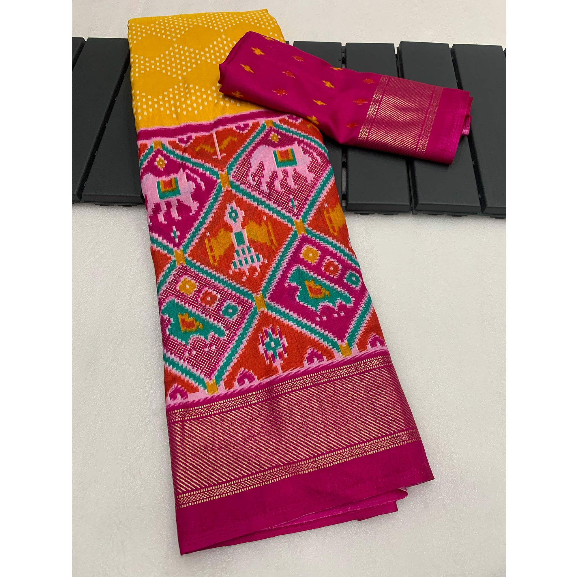 Yellow & Pink Patola Printed Dola Silk Saree