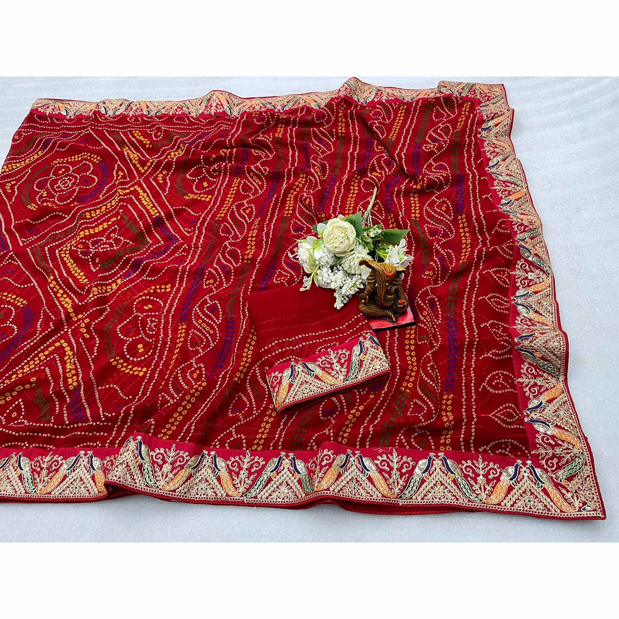 Red Bandhani Printed Georgette Saree