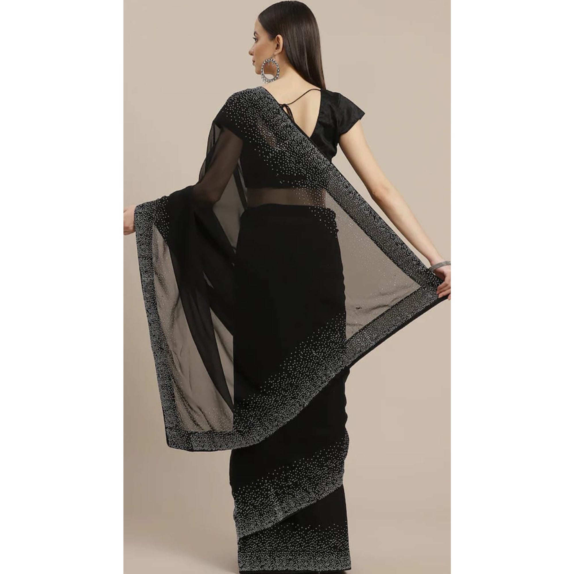 Black Swarovski Border Work Georgette Saree