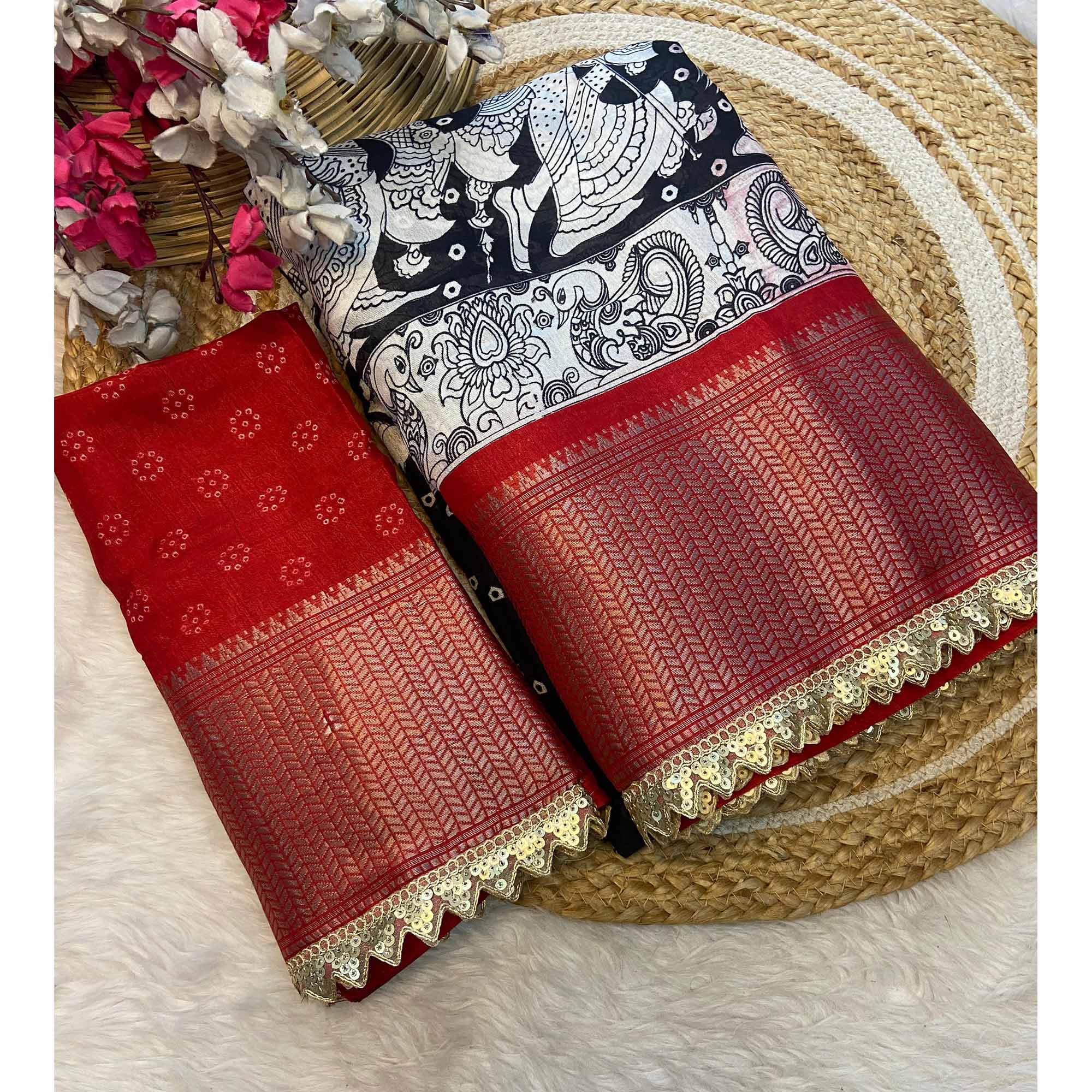 Black Printed Dola Silk Saree With Zari Border