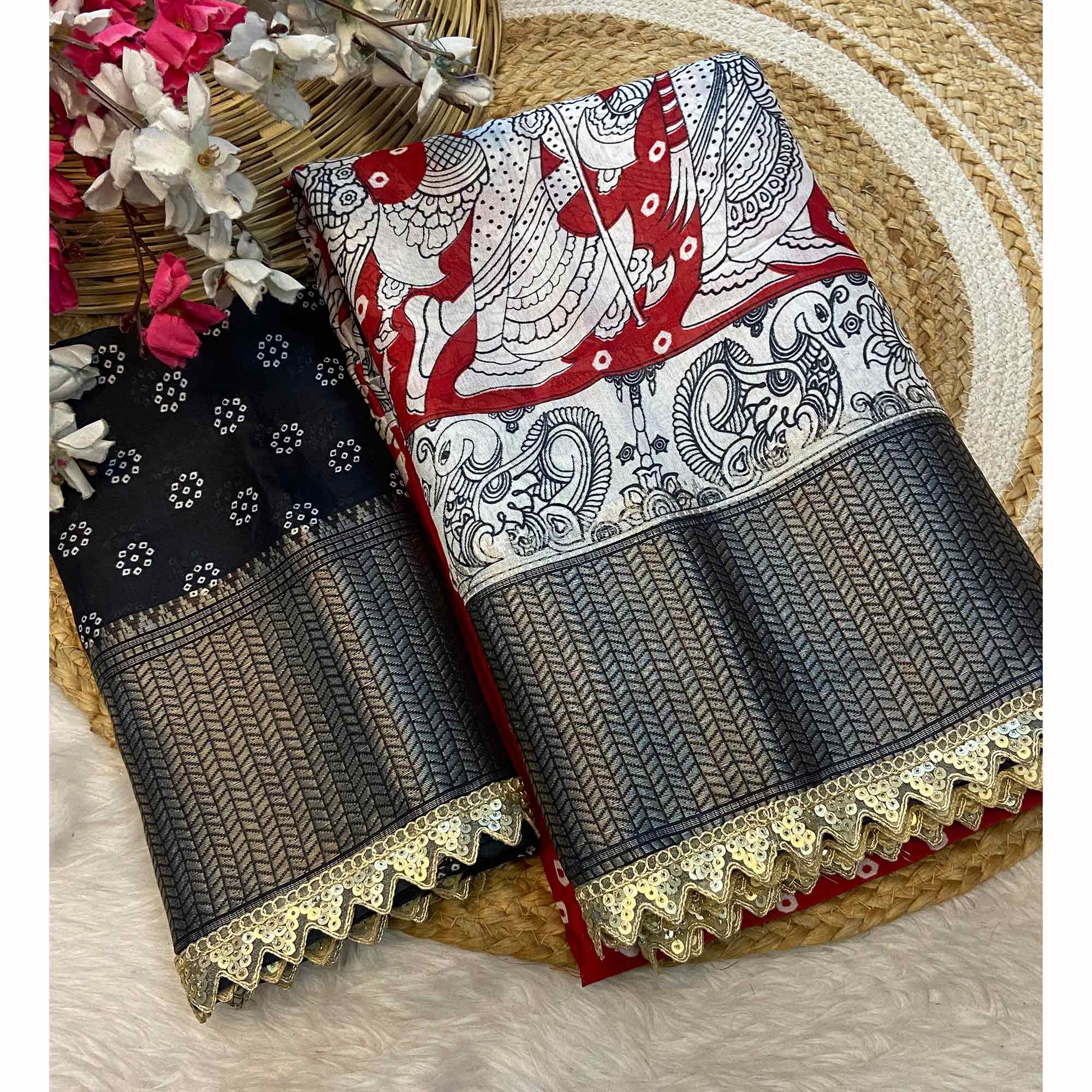 Red Printed Dola Silk Saree With Zari Border