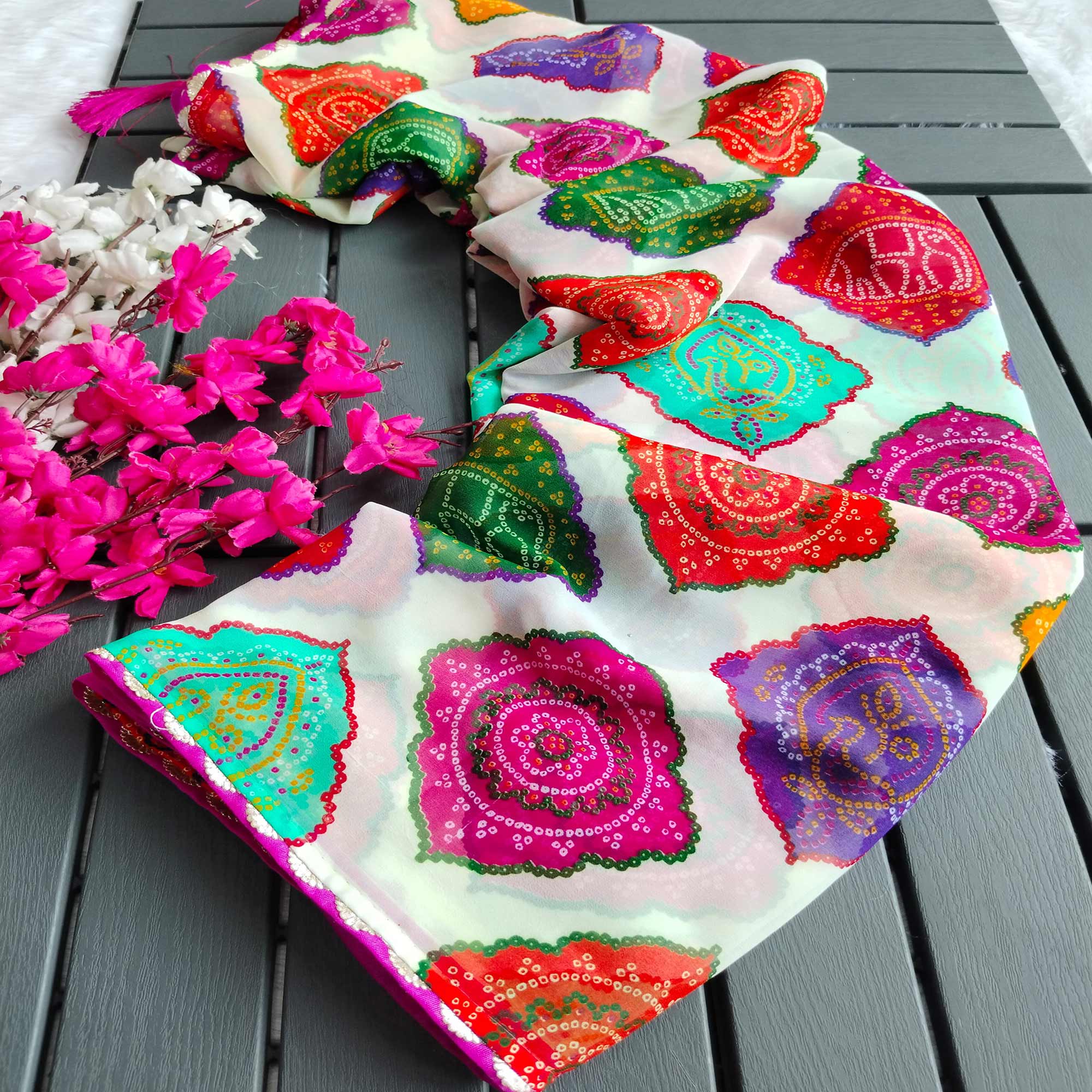 White Georgette Saree with Traditional Bandhani Prints