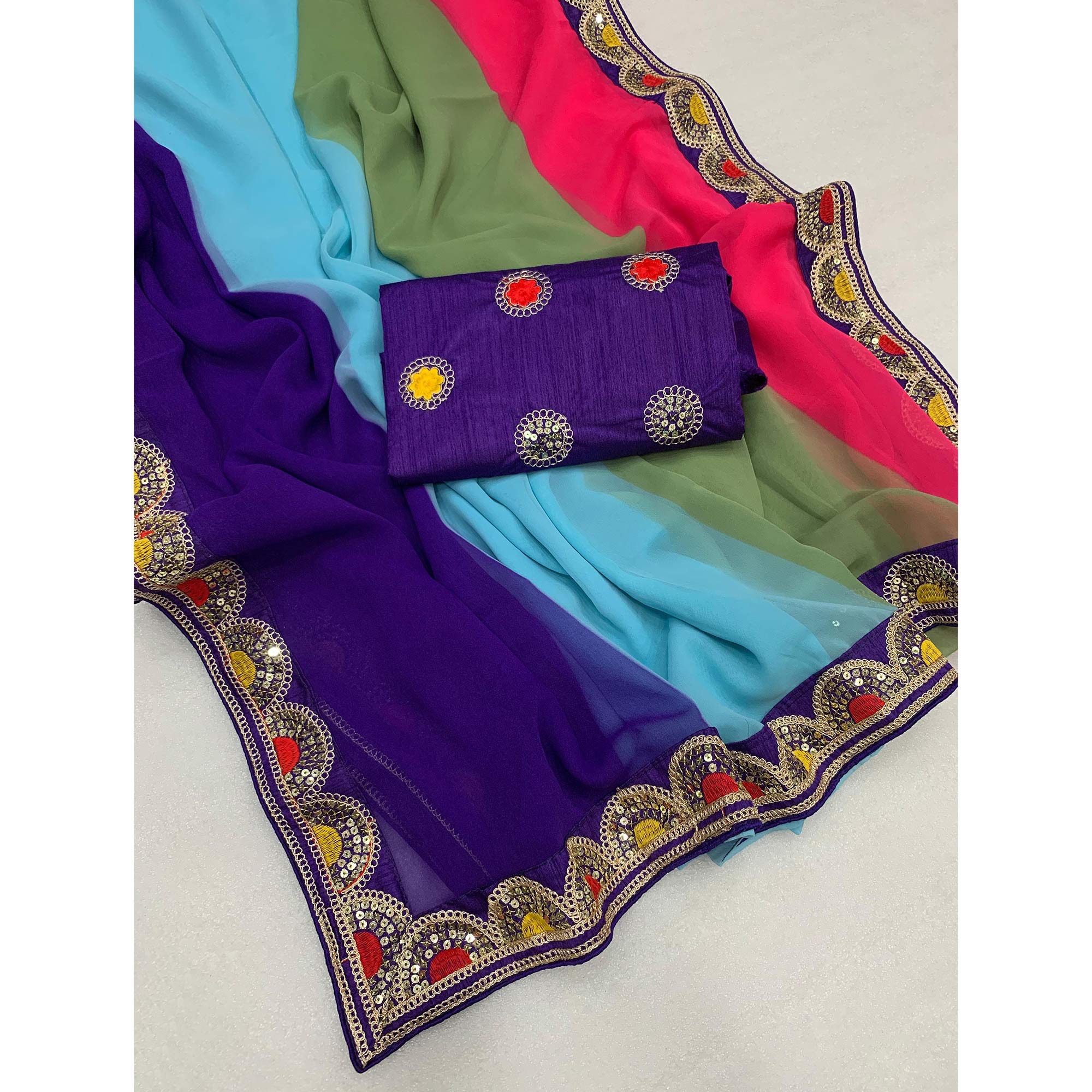 Multicolor Printed Georgette Saree With Sequins Border