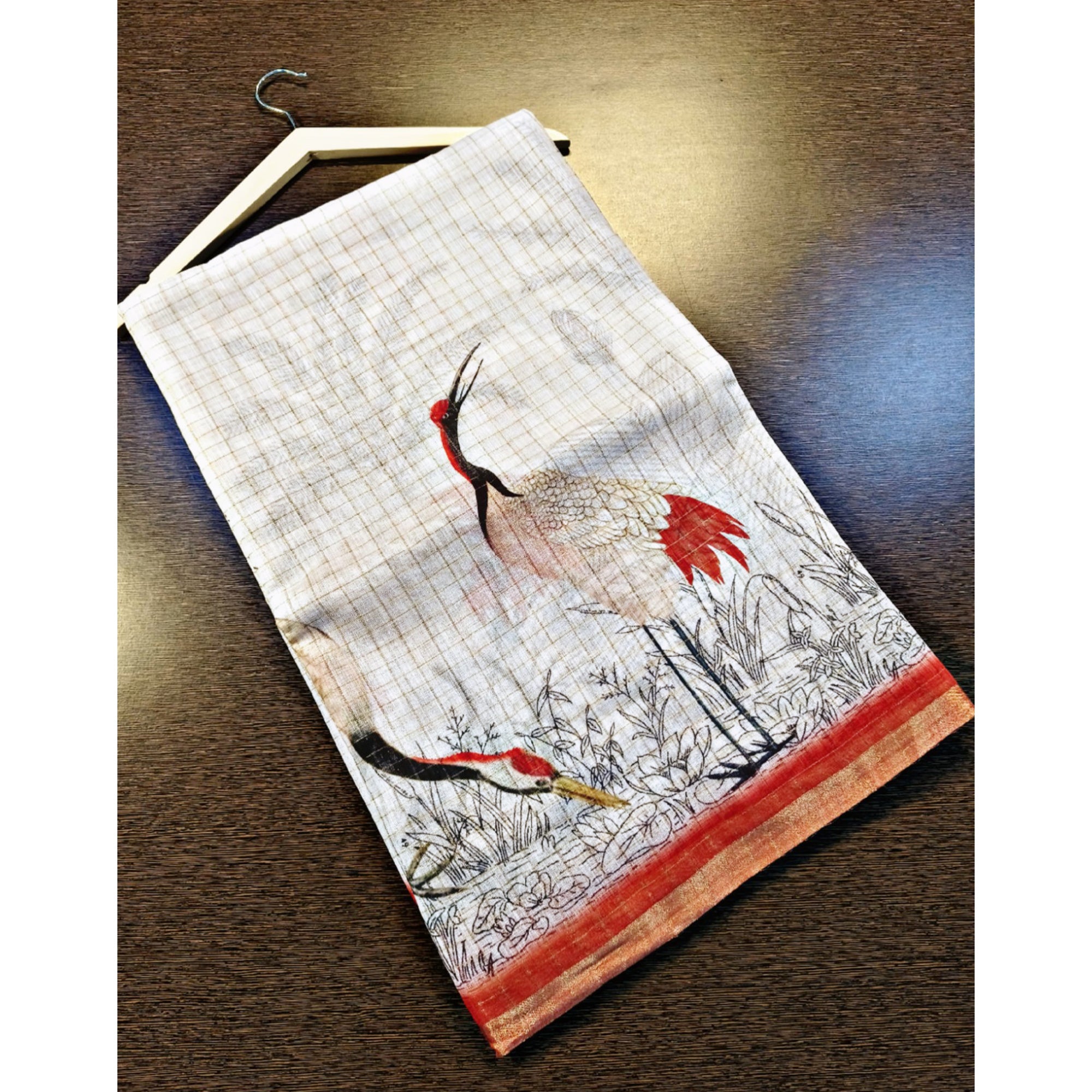 Off White and Red Checkered Printed Linen Saree with a Breezy Feel