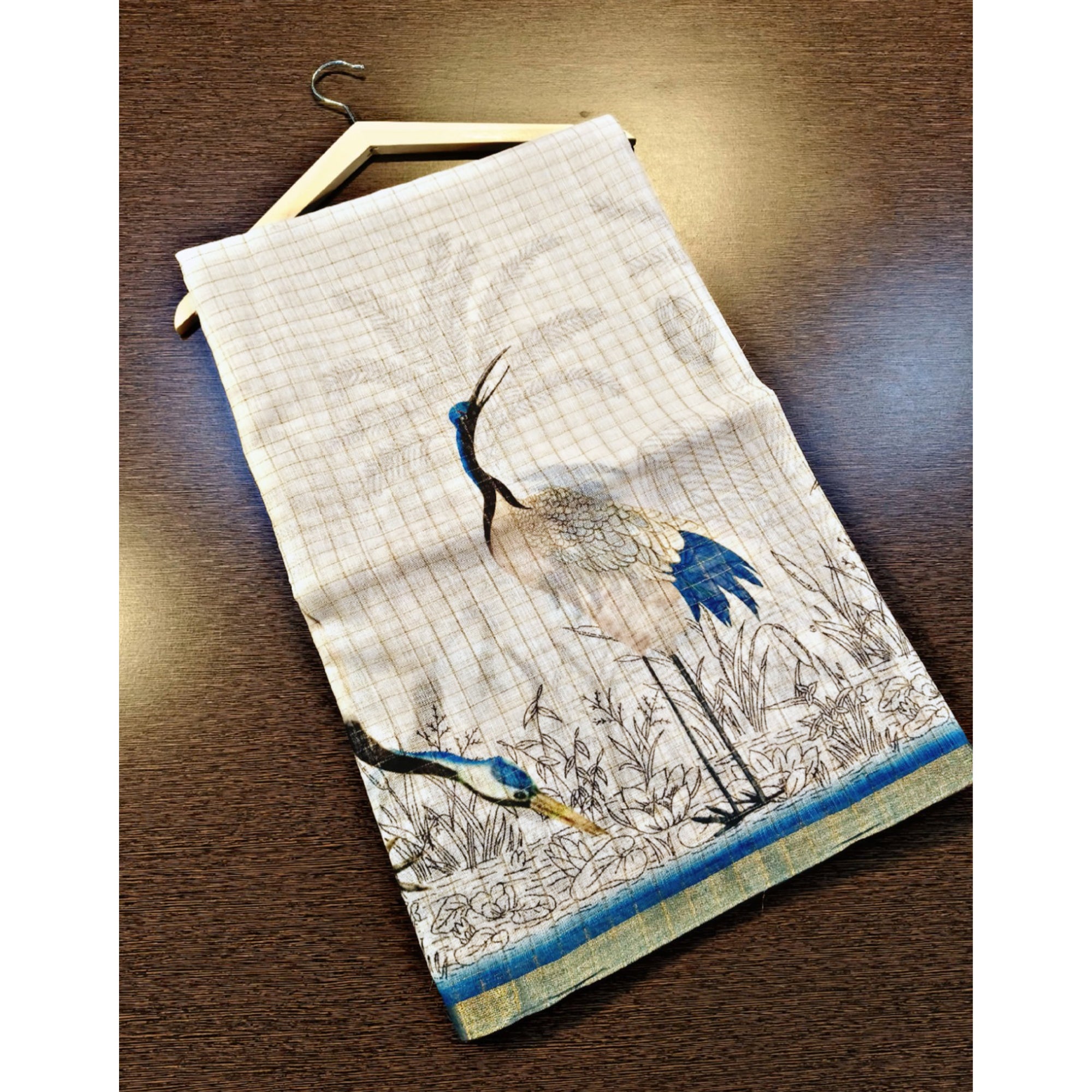 Off White and Blue Checkered Printed Linen Saree with a Breezy Feel