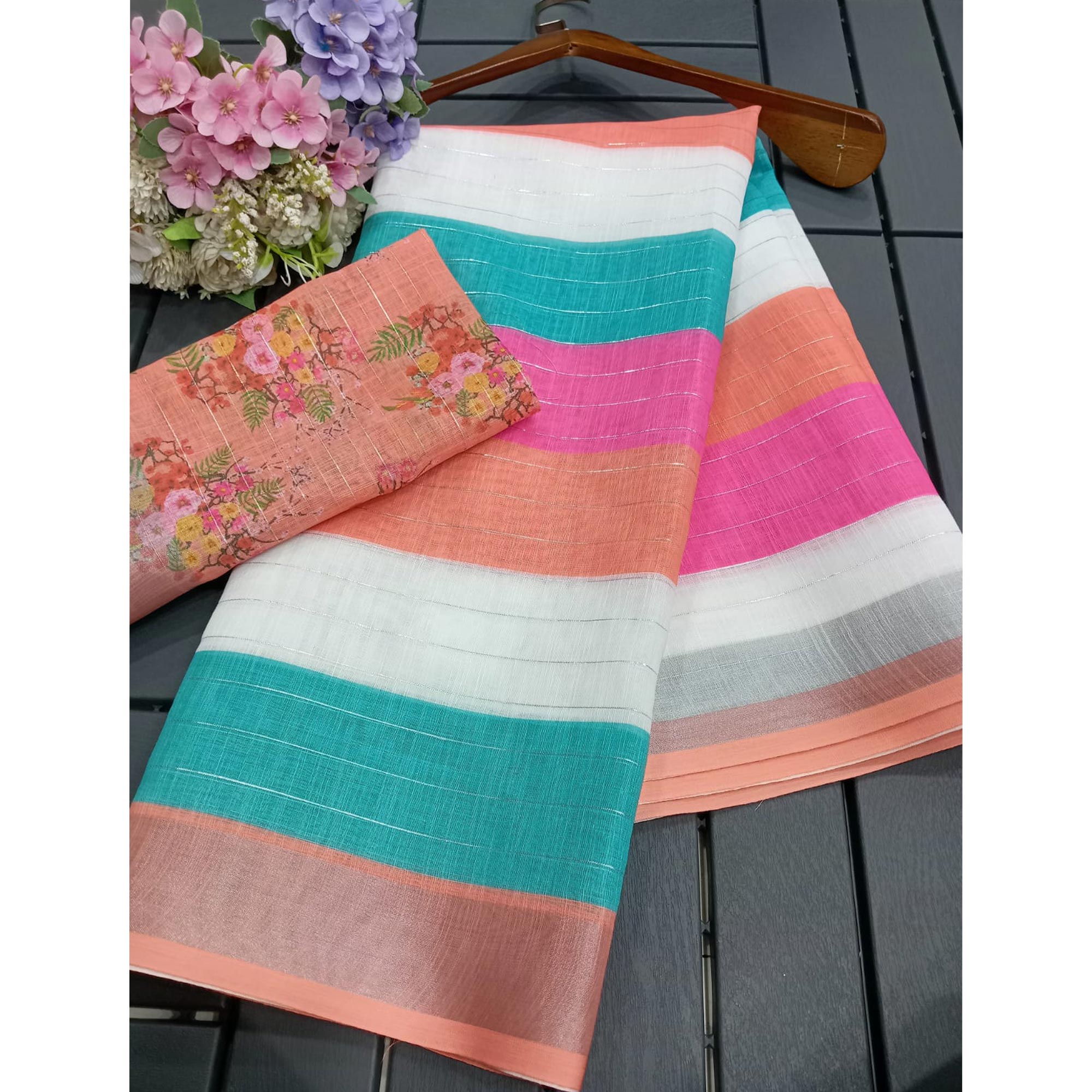 Multicolor Zari Weaving Linen Cotton Saree