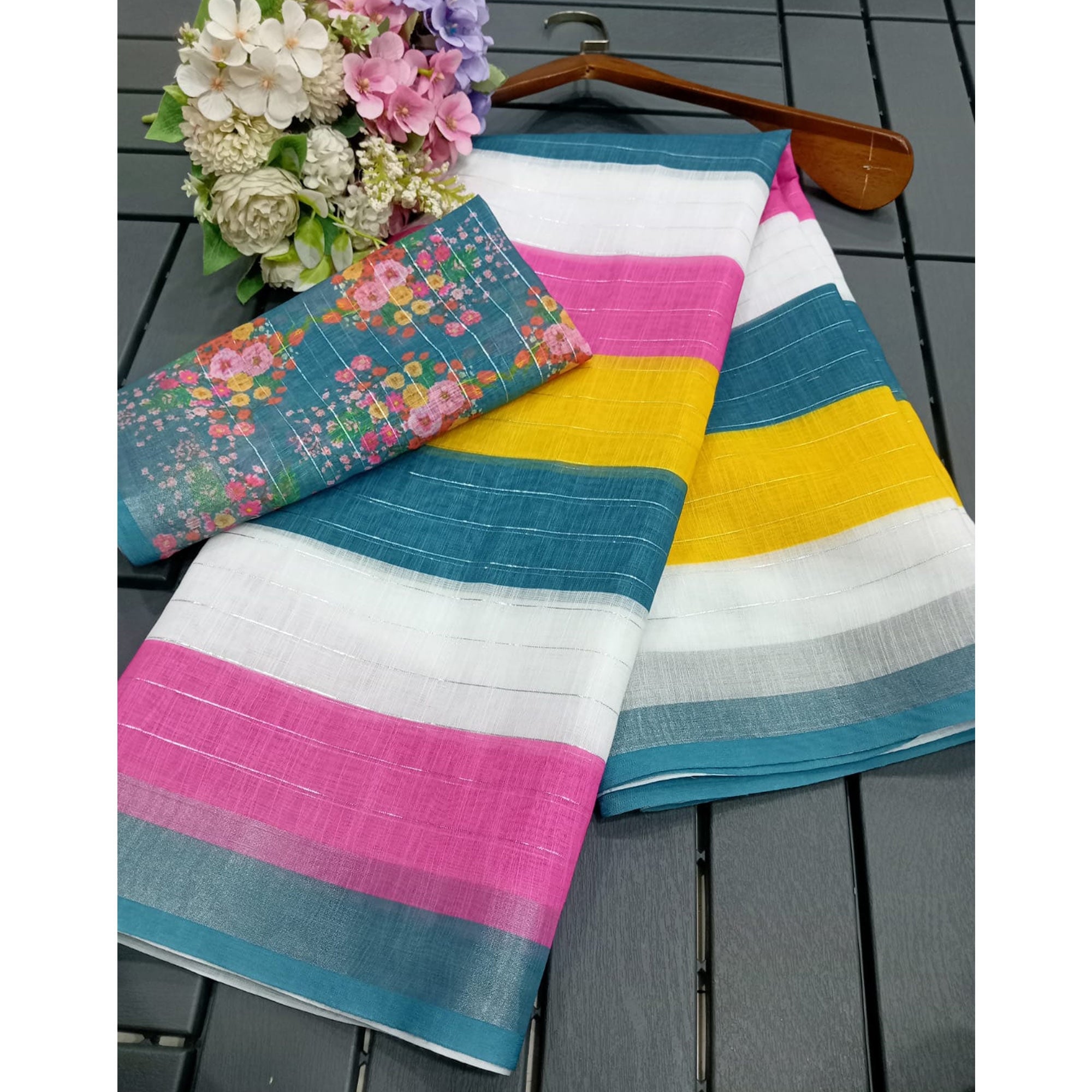 Multicolor Zari Weaving Linen Cotton Saree