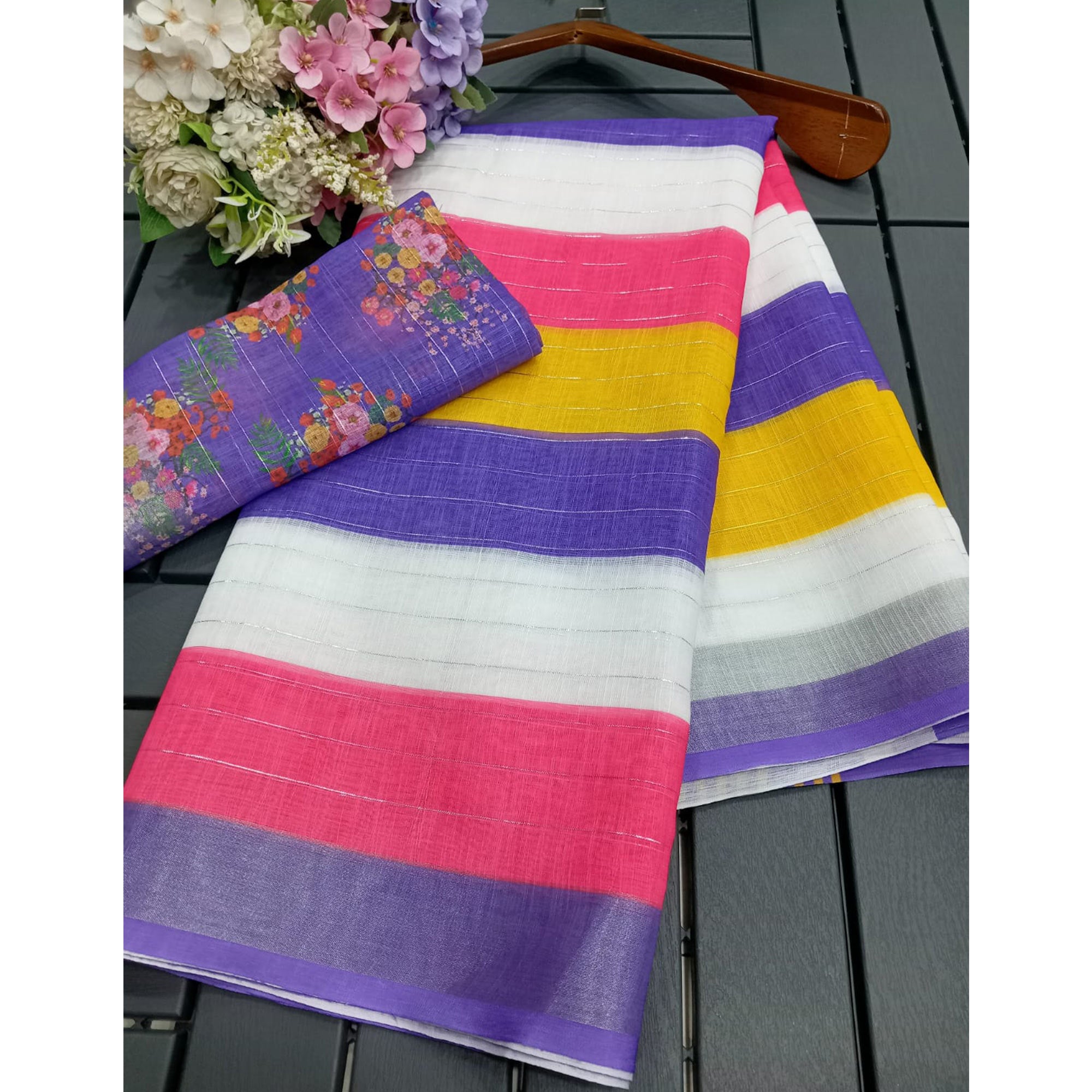 Multicolor Zari Weaving Linen Cotton Saree