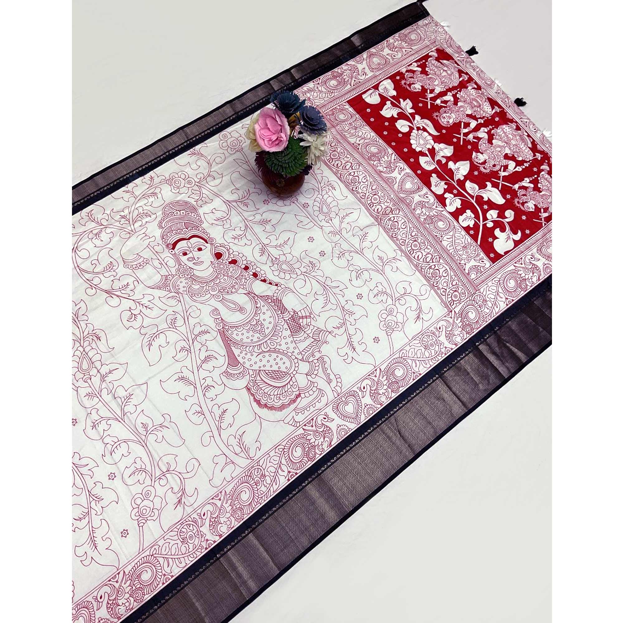 Offwhite & Black Floral Printed Dola Silk Saree With Intricate Woven Border