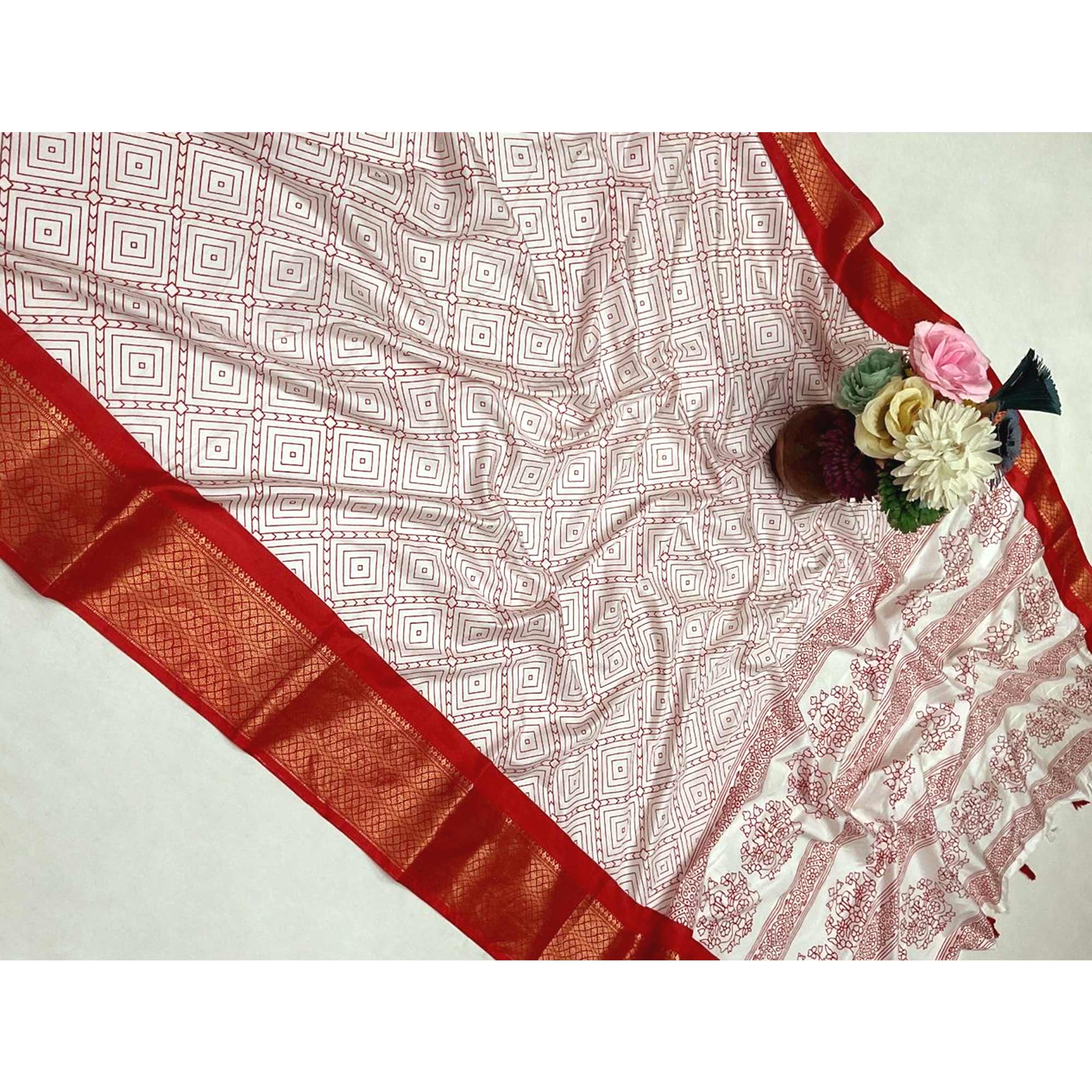 Offwhite & Red Geometric Printed Dola Silk Saree With Intricate Woven Border