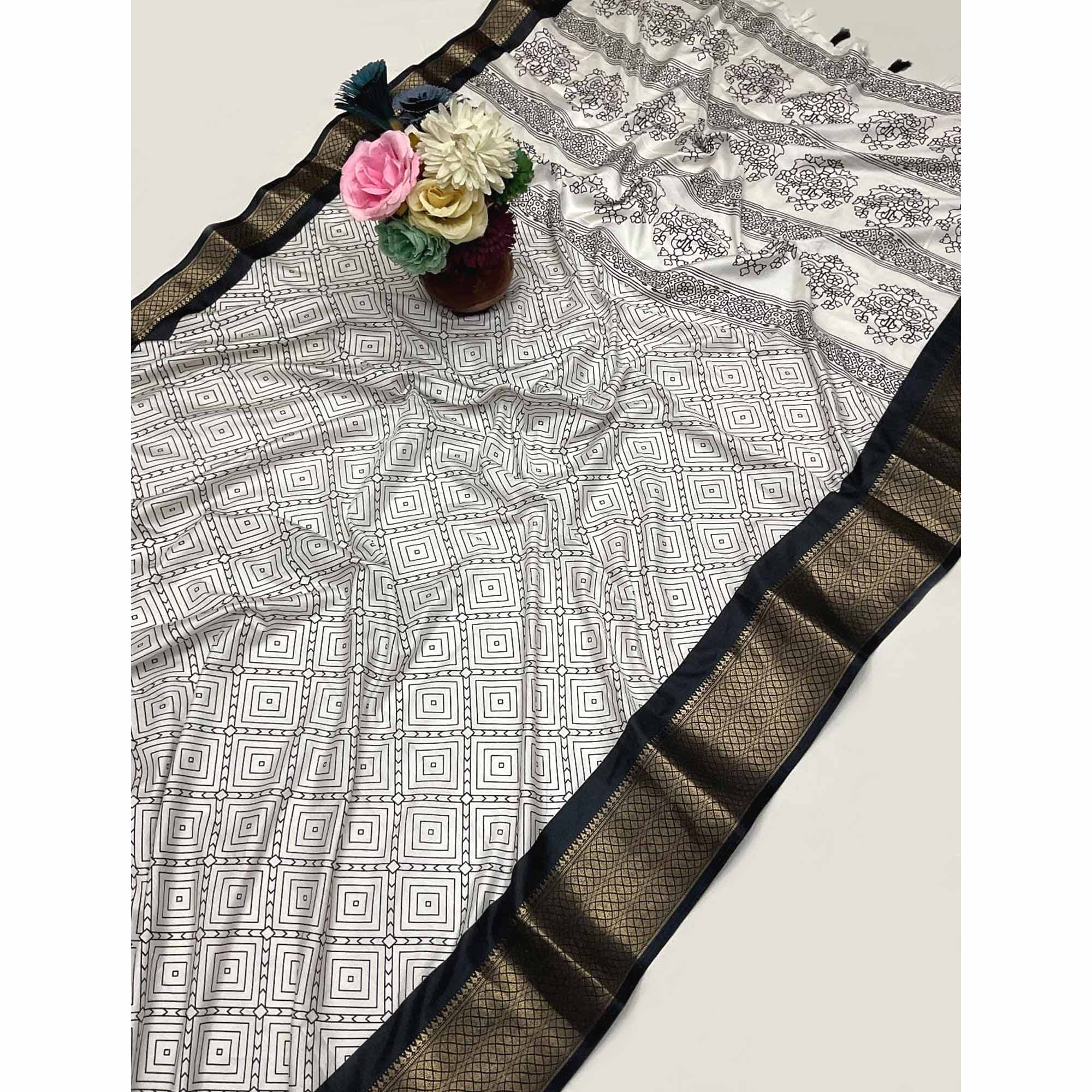 Offwhite & Black Geometric Printed Dola Silk Saree With Intricate Woven Border