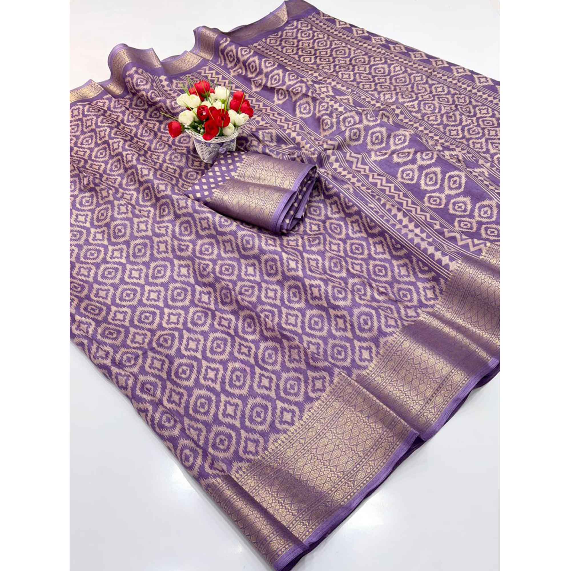 Lavender Ikkat Printed Dola Silk Saree Highlighted With Premium Zari Weaving Border