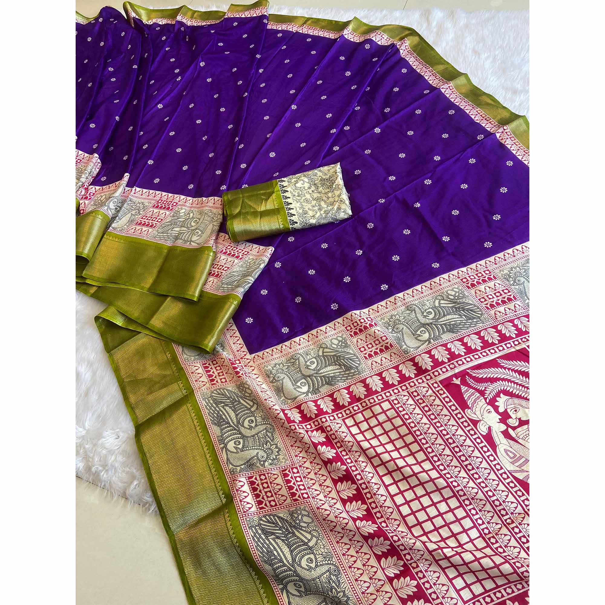 Purple & Green Floral Printed Dola Silk Saree With Woven Border