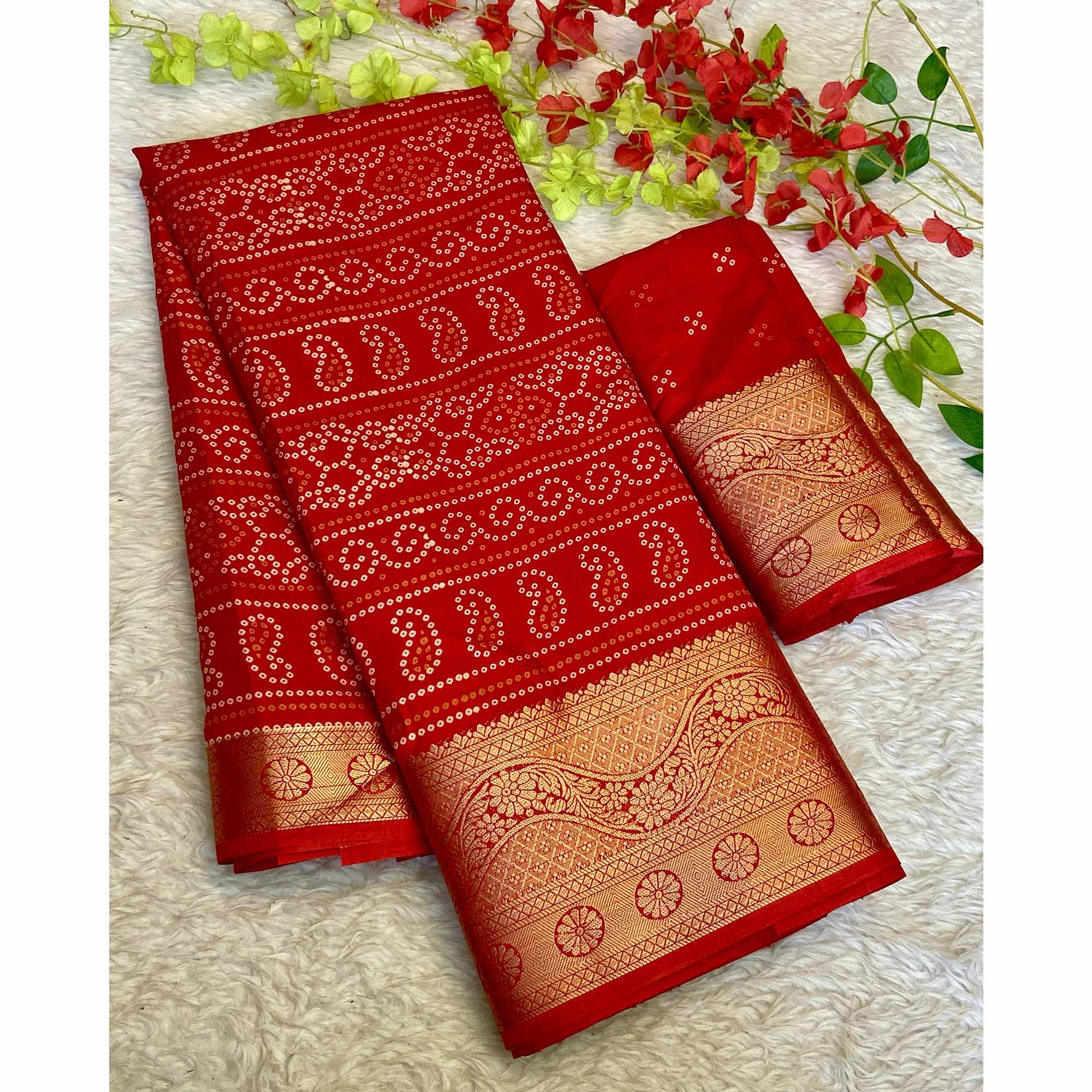 Traditional Red Dola Silk Saree with Classic Bandhani Print and Elegant Jacquard Woven Border