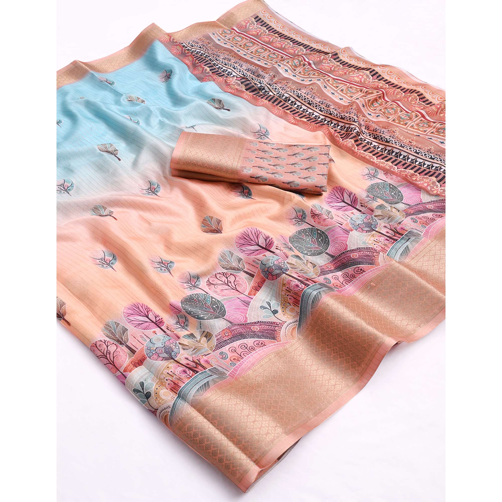 Peach & Blue Floral Printed Dola Silk Saree With Elegant Silver Zari & Intricate Weaving Border