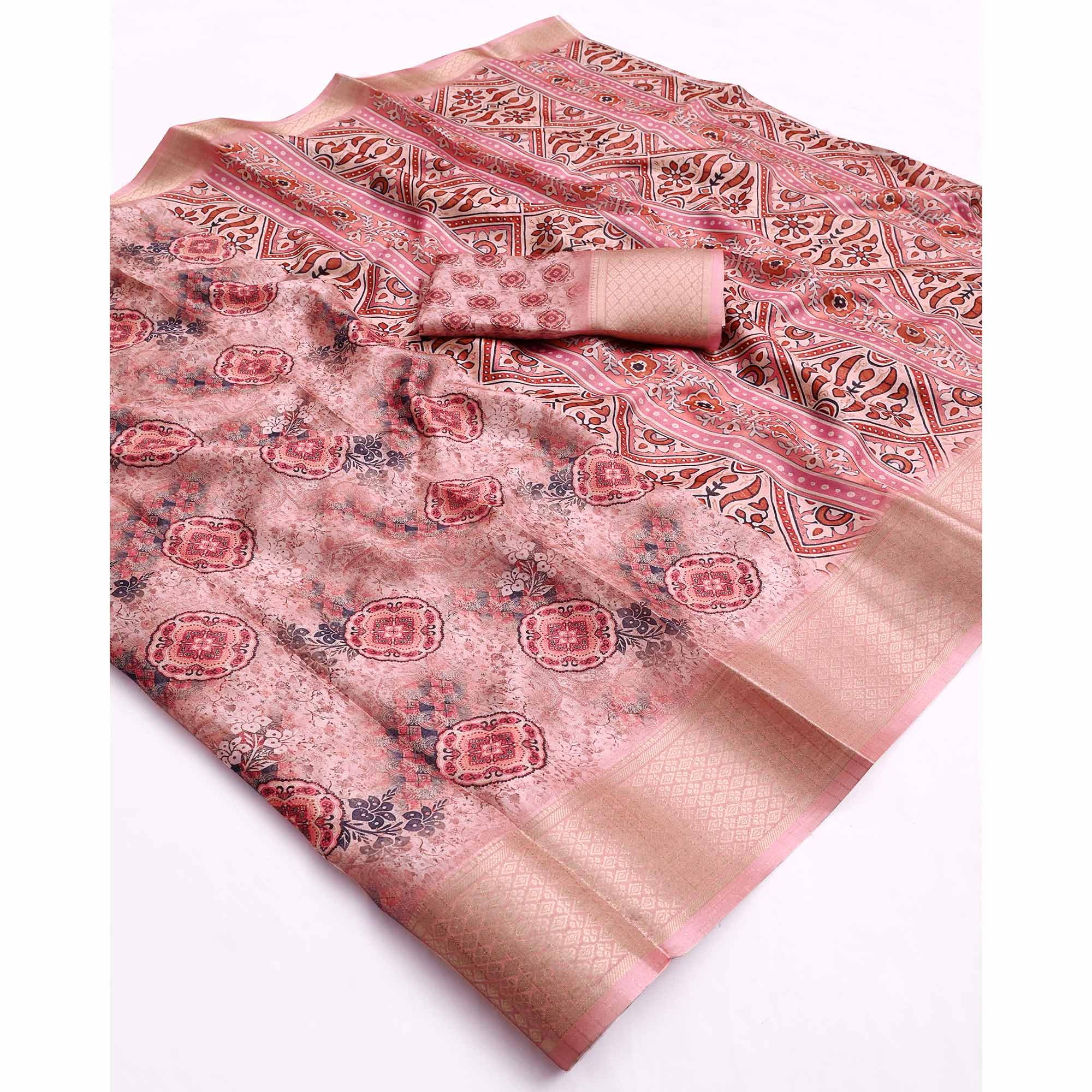 Peach Floral Printed Dola Silk Saree With Elegant Silver Zari & Intricate Weaving Border