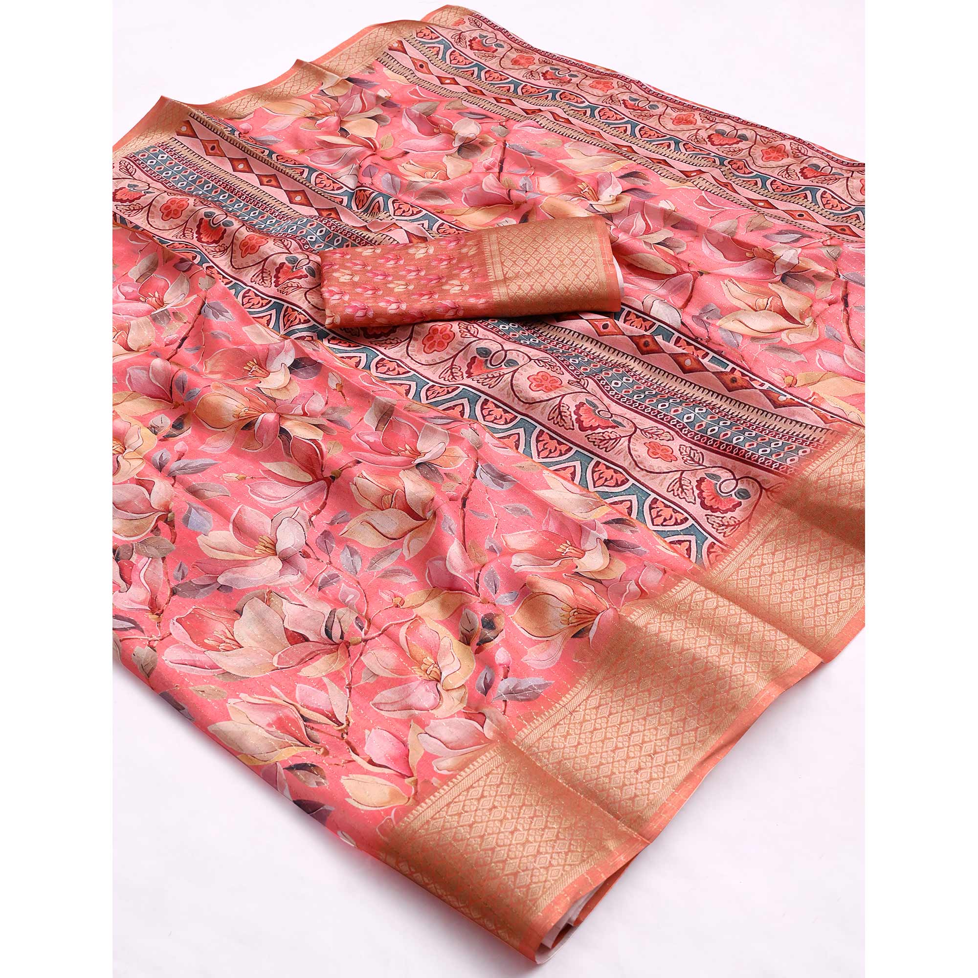 Salmon Pink Floral Printed Dola Silk Saree With Elegant Silver Zari & Intricate Weaving Border