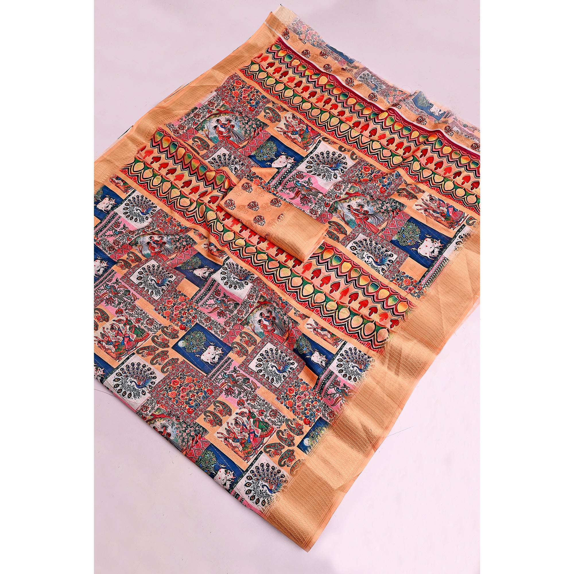 Peach Floral Printed Dola Silk Saree With Elegant Silver Zari & Intricate Weaving Border