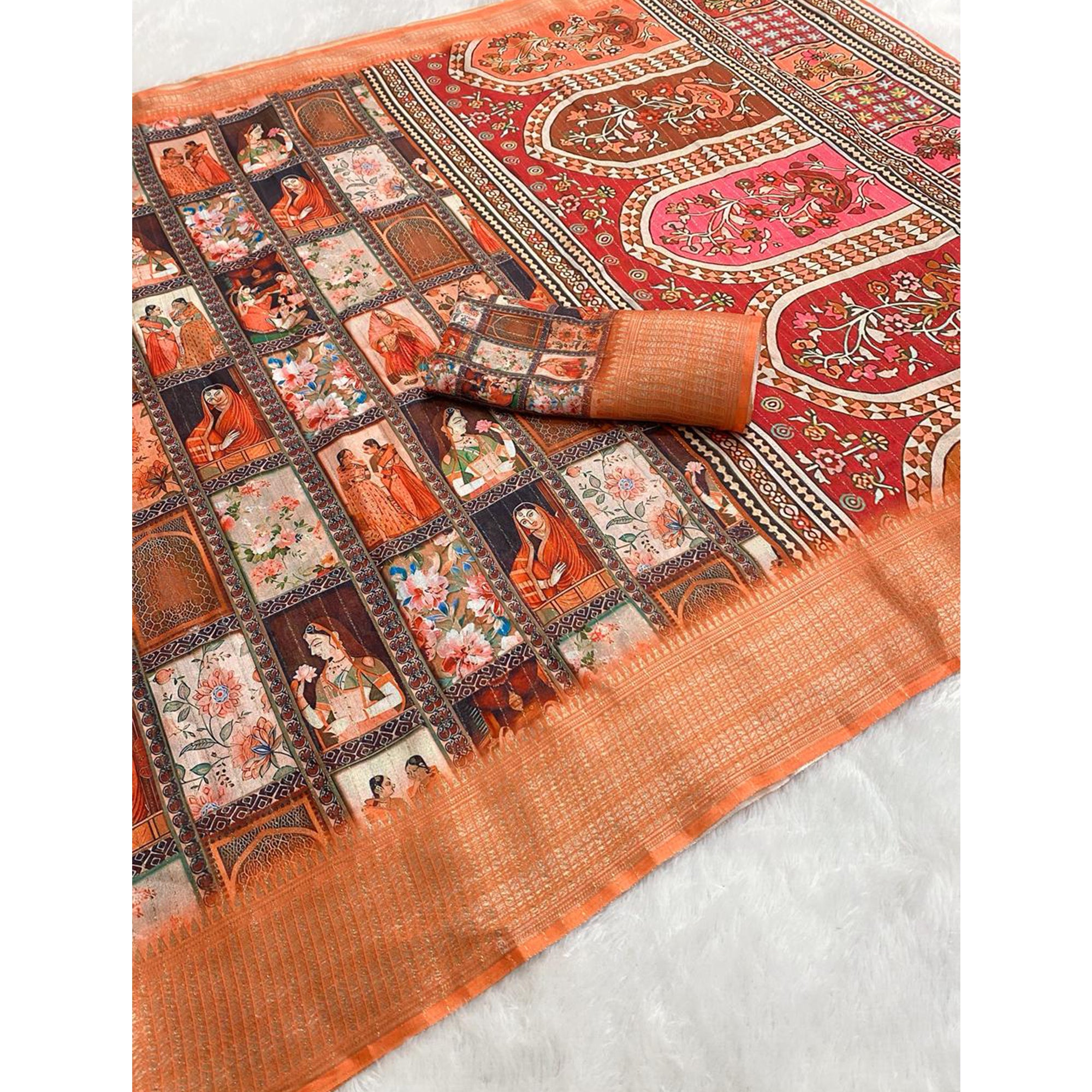 Light Peach Floral Printed Dola Silk Saree With Elegant Silver Zari & Intricate Weaving Border