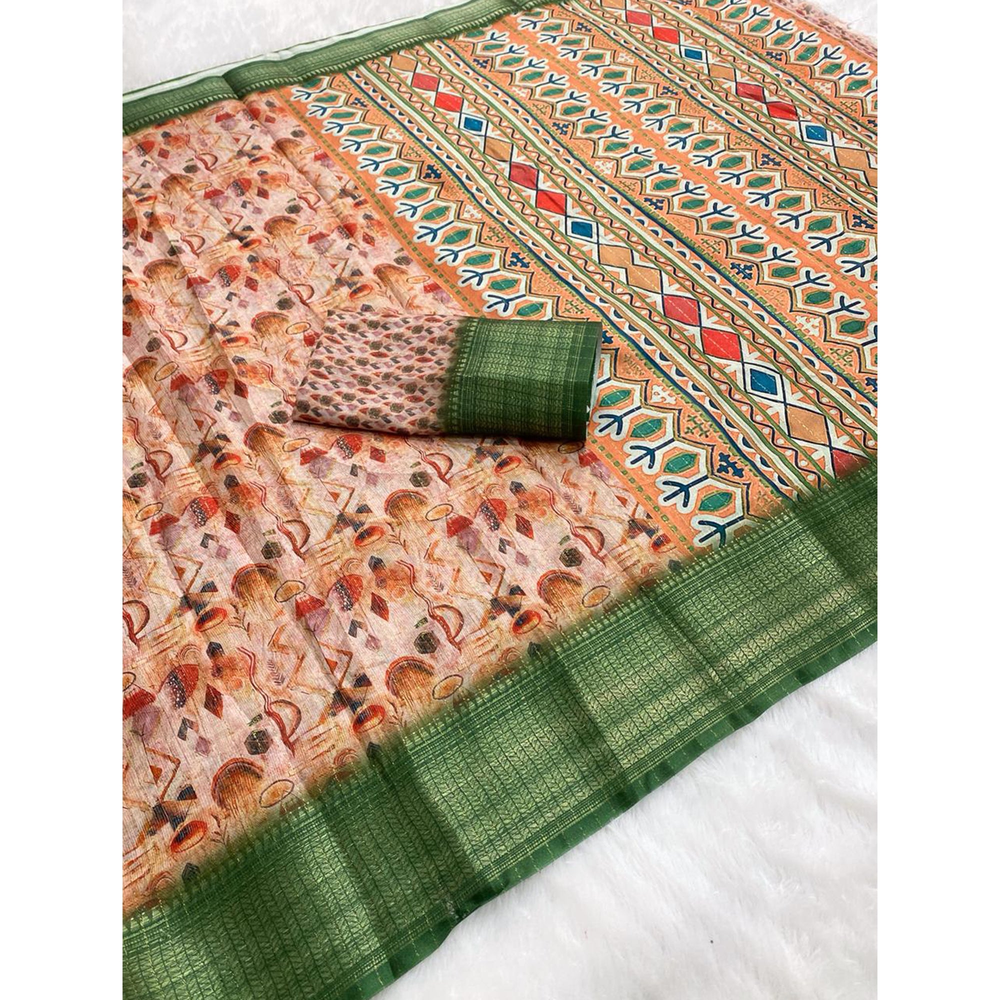 Beige Floral Printed Dola Silk Saree With Elegant Silver Zari & Intricate Weaving Border