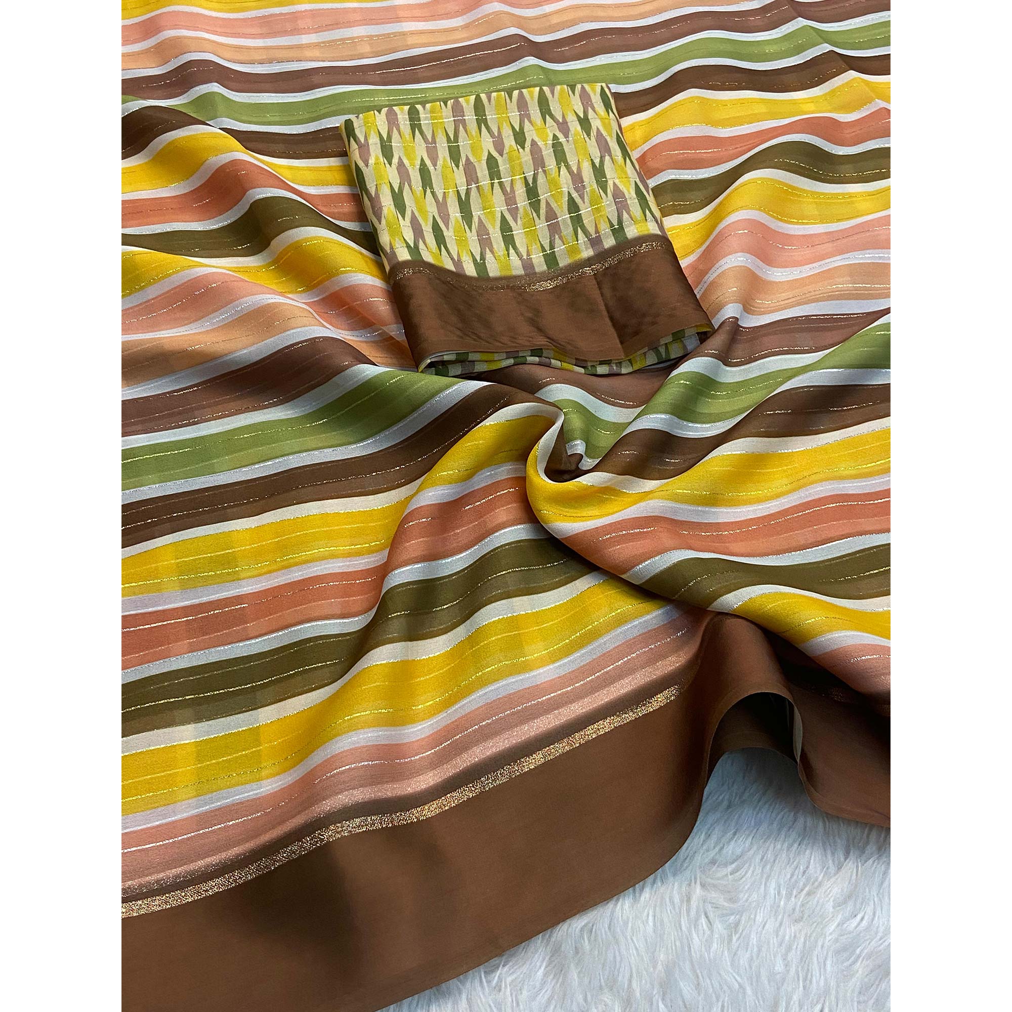 Multicolor Zari Weaving With Printed Chiffon Saree