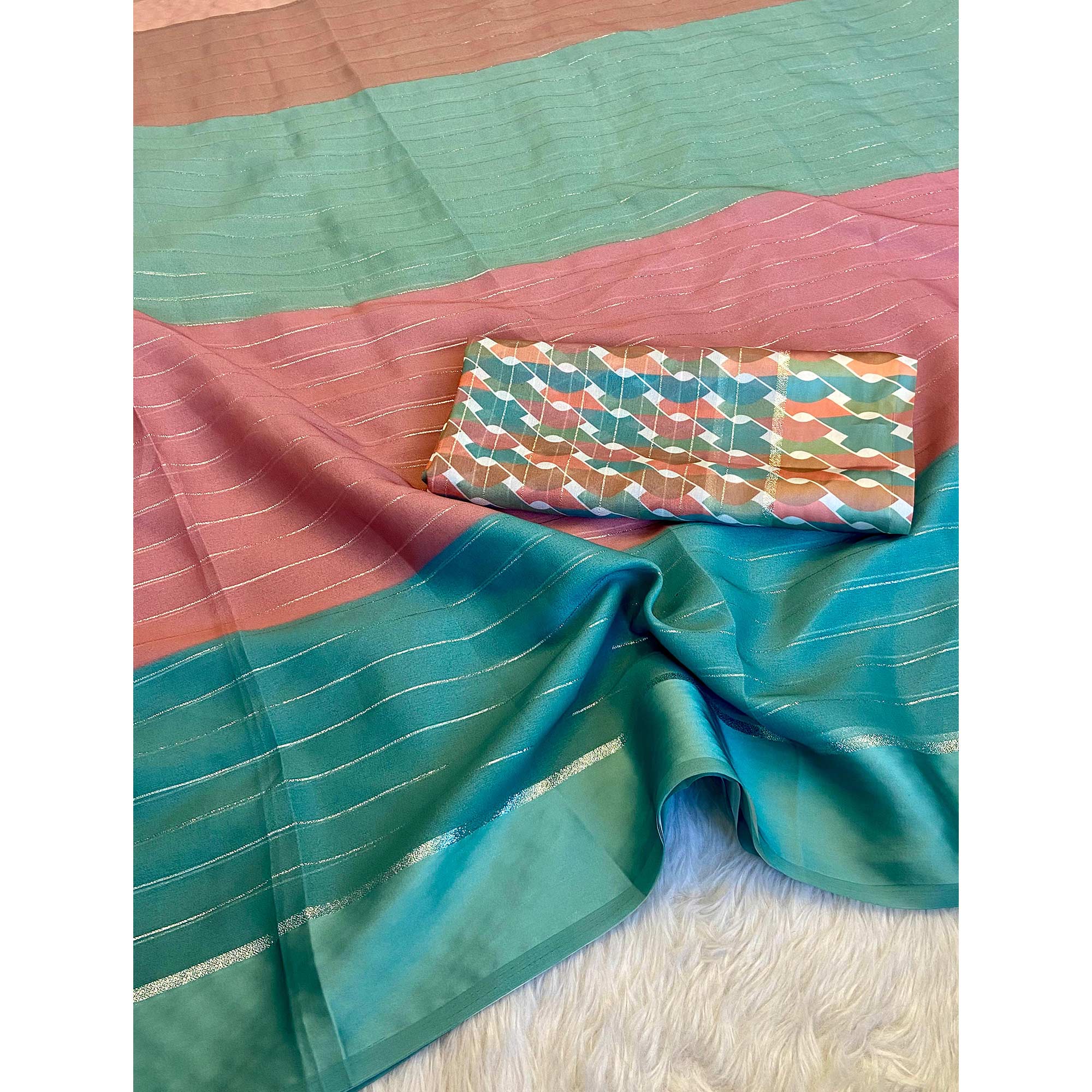 Multicolor Zari Weaving With Printed Chiffon Saree