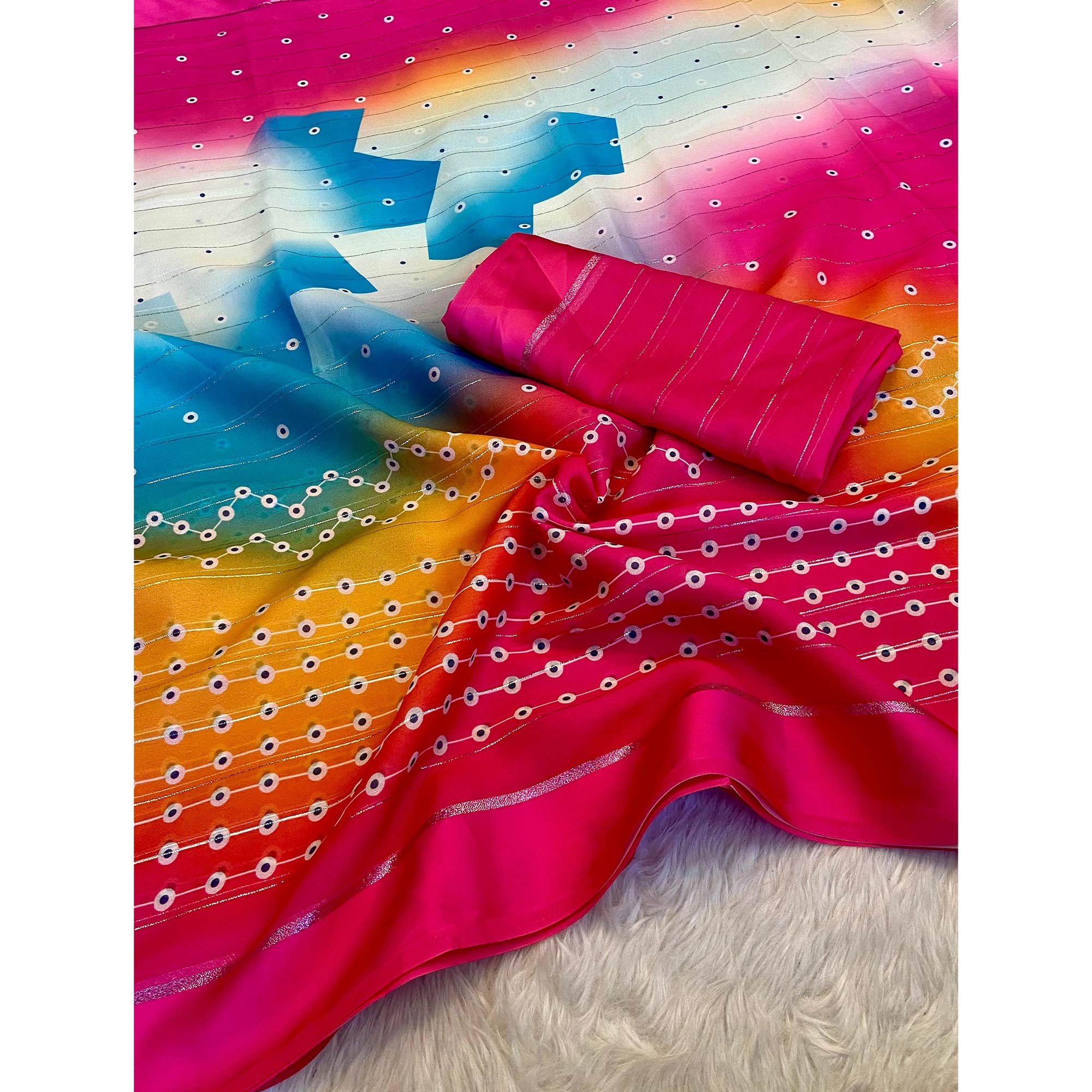 Multicolor Zari Weaving With Printed Chiffon Saree