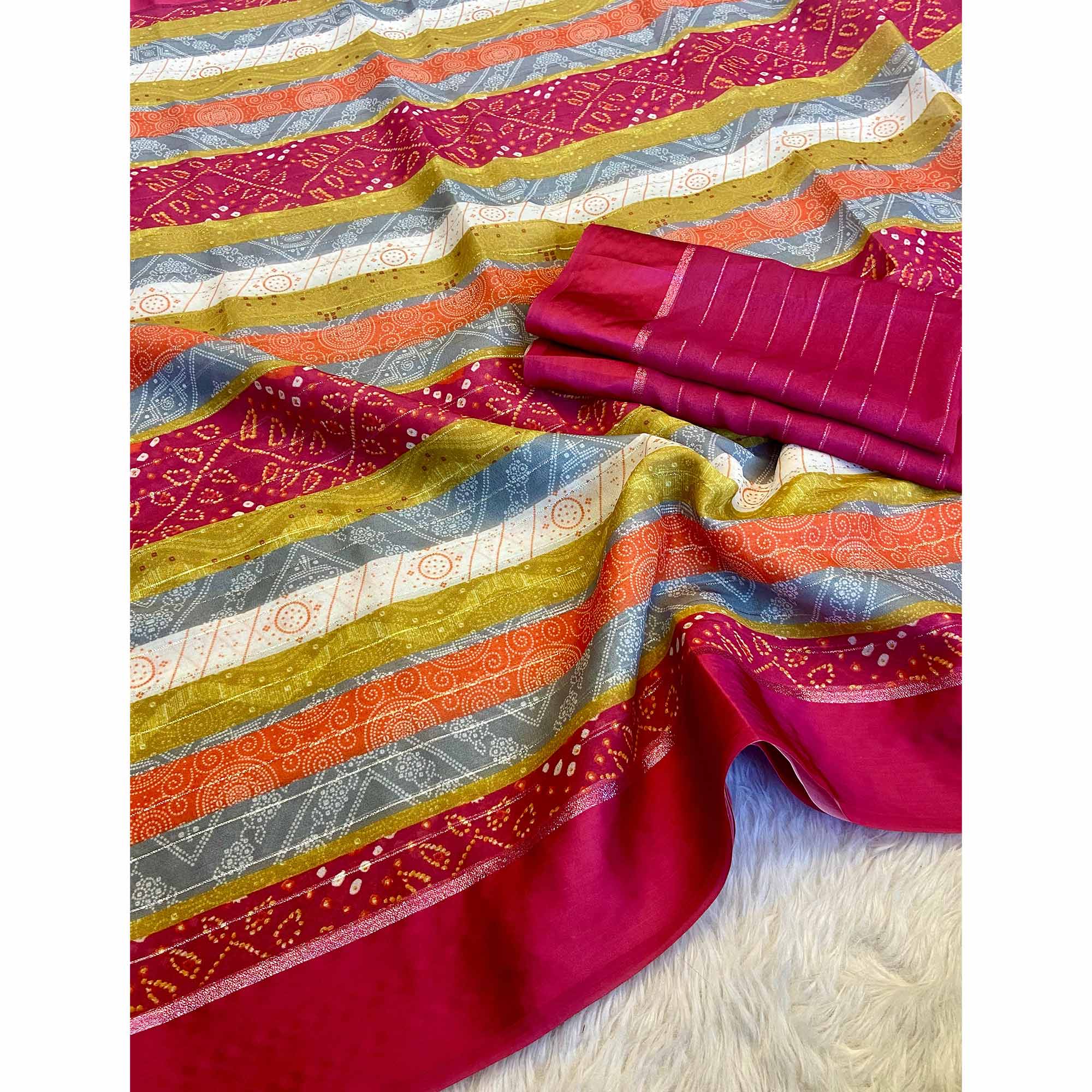 Multicolor Zari Weaving With Printed Chiffon Saree