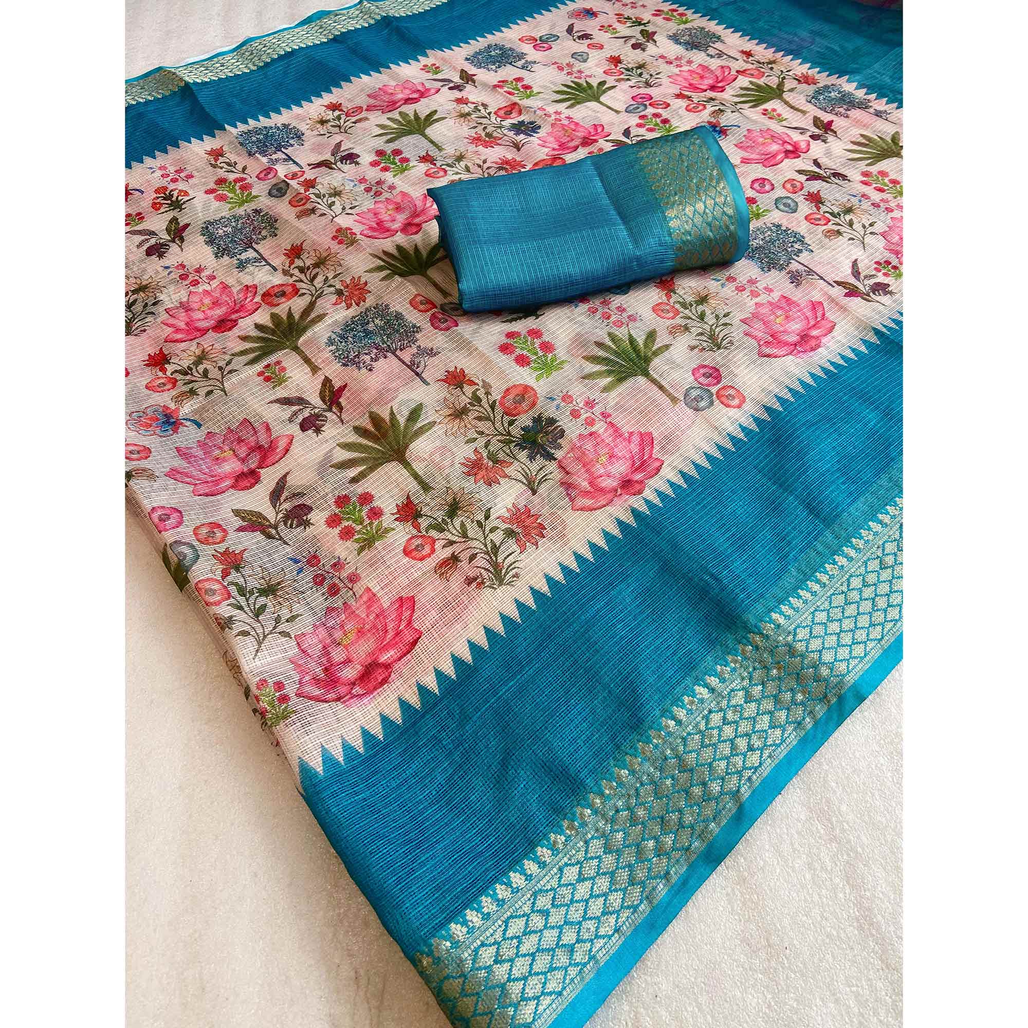 White & Blue Floral Printed Kota Doria Saree