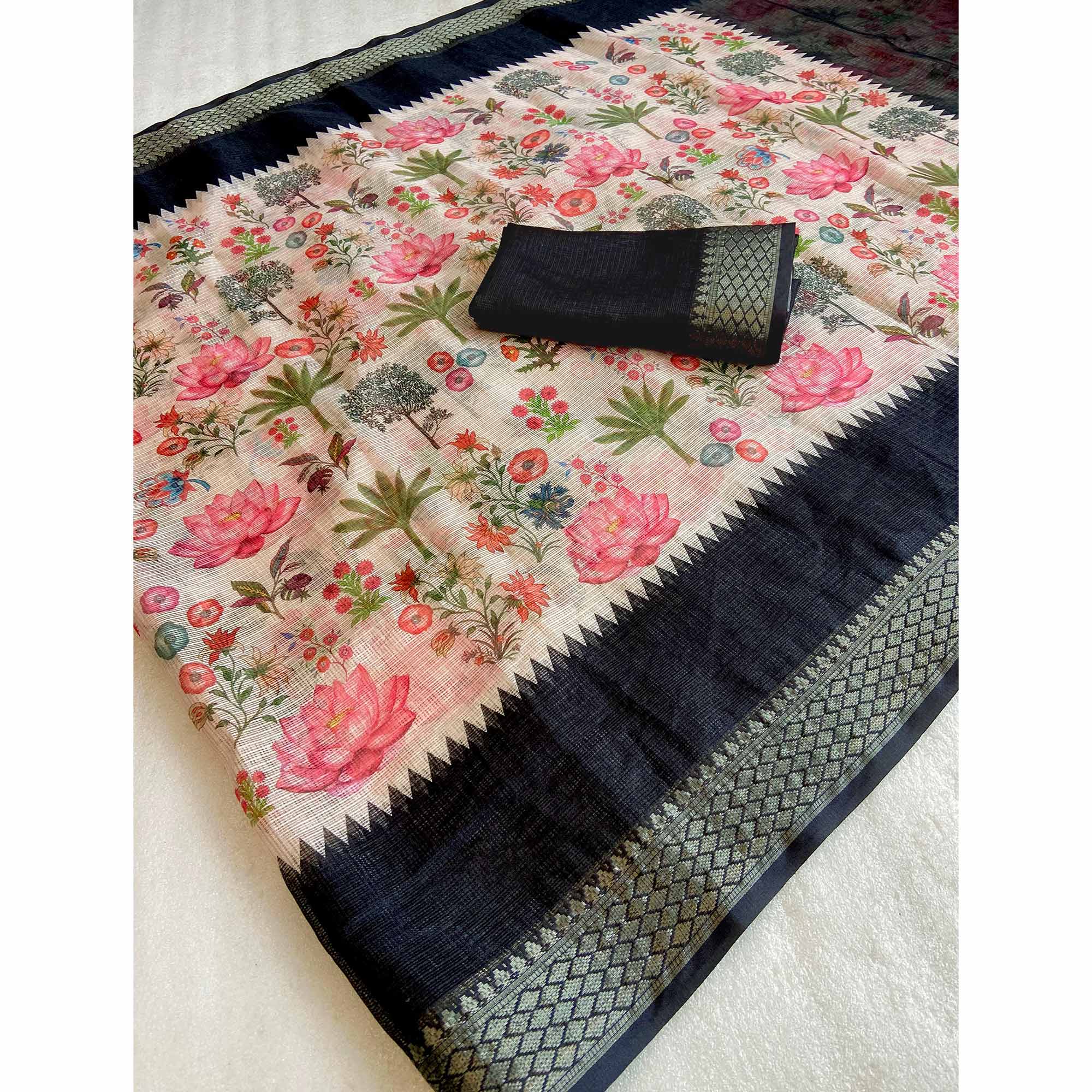 White & Black Floral Printed Kota Doria Saree