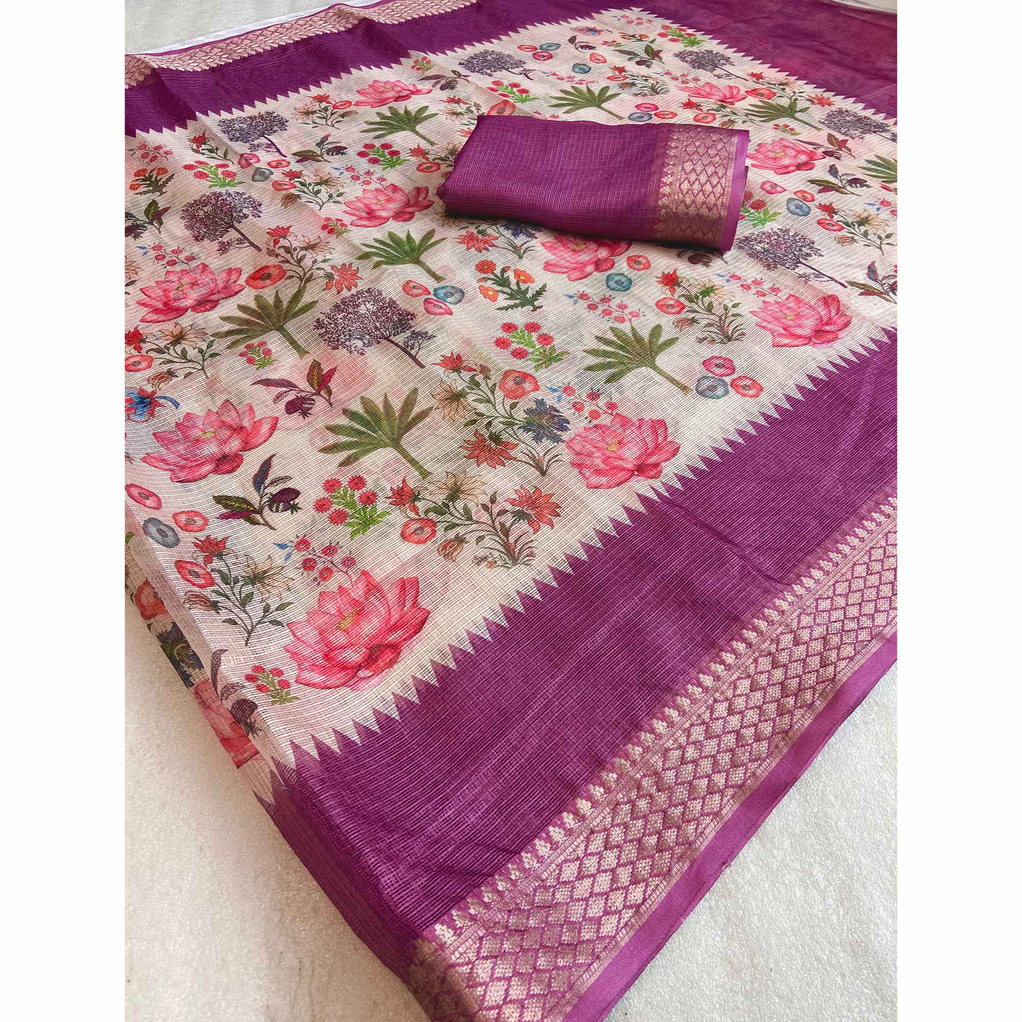 White & Purple Floral Printed Kota Doria Saree