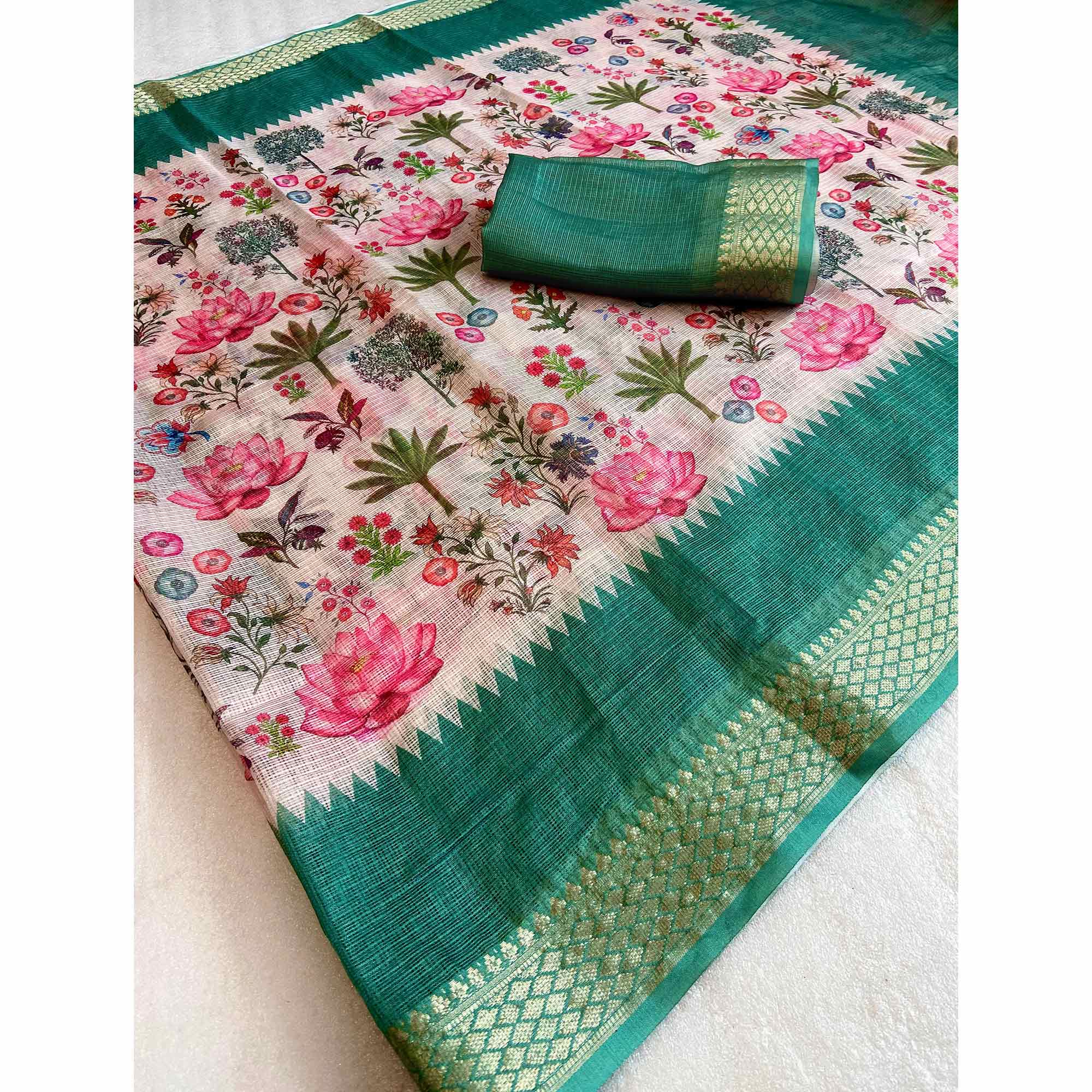 White & Rama Green Floral Printed Kota Doria Saree